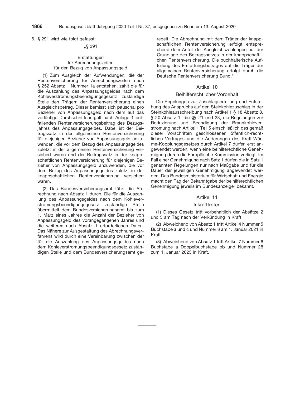 BGBl. 2020, Seite 1866 — Originalseite als Abbildung