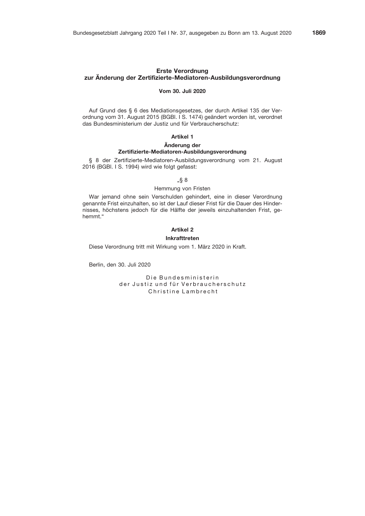 BGBl. 2020, Seite 1869 — Originalseite als Abbildung