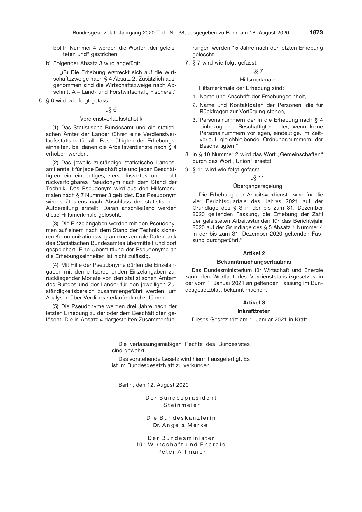 BGBl. 2020, Seite 1873 — Originalseite als Abbildung