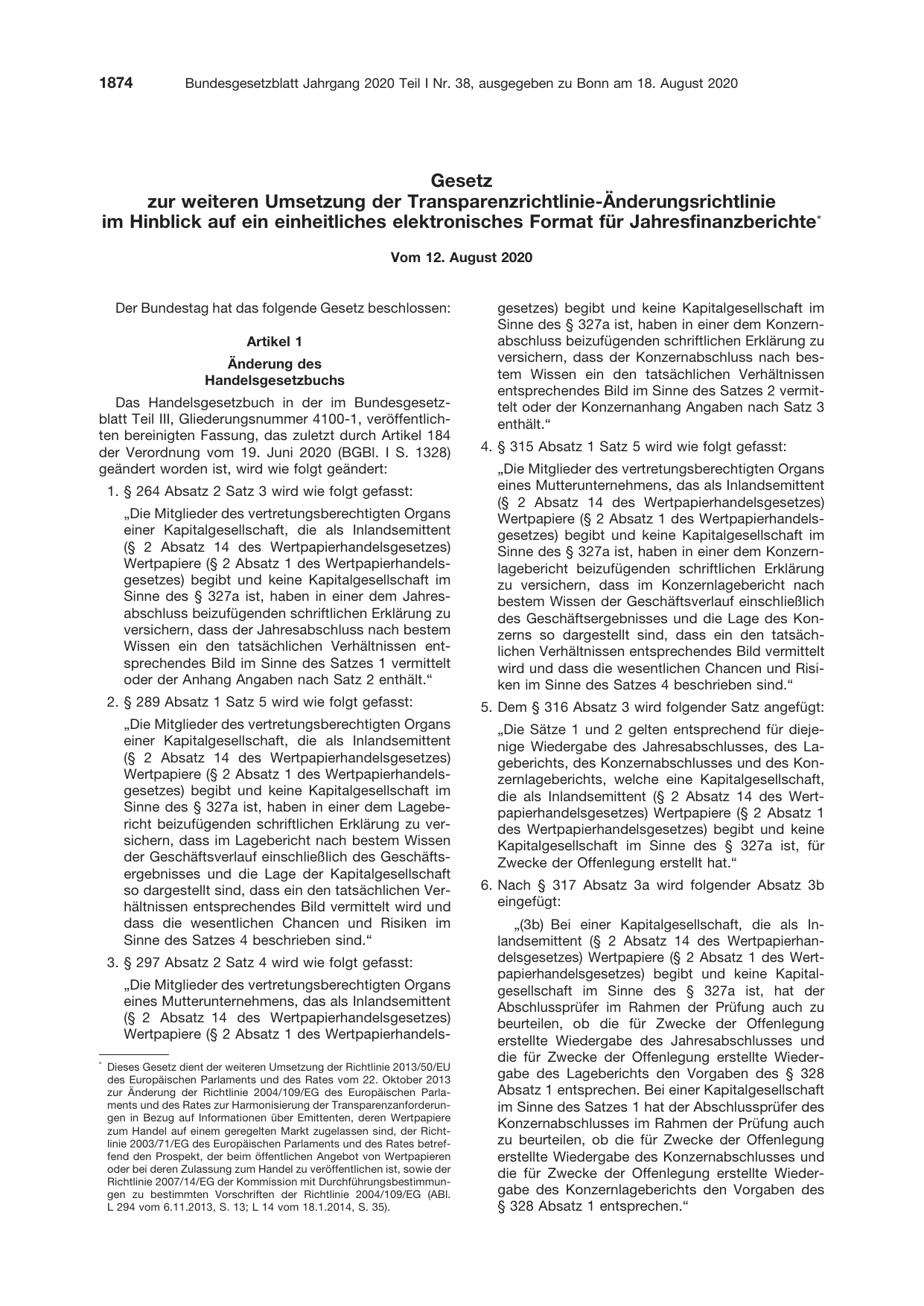 BGBl. 2020, Seite 1874 — Originalseite als Abbildung