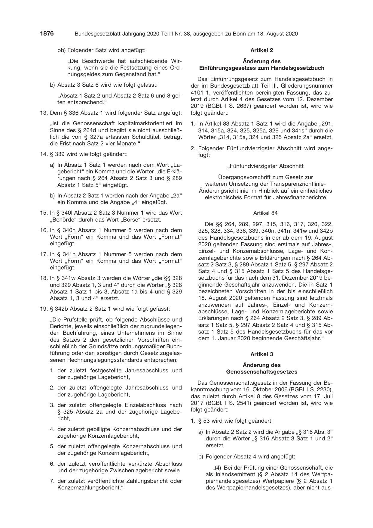 BGBl. 2020, Seite 1876 — Originalseite als Abbildung