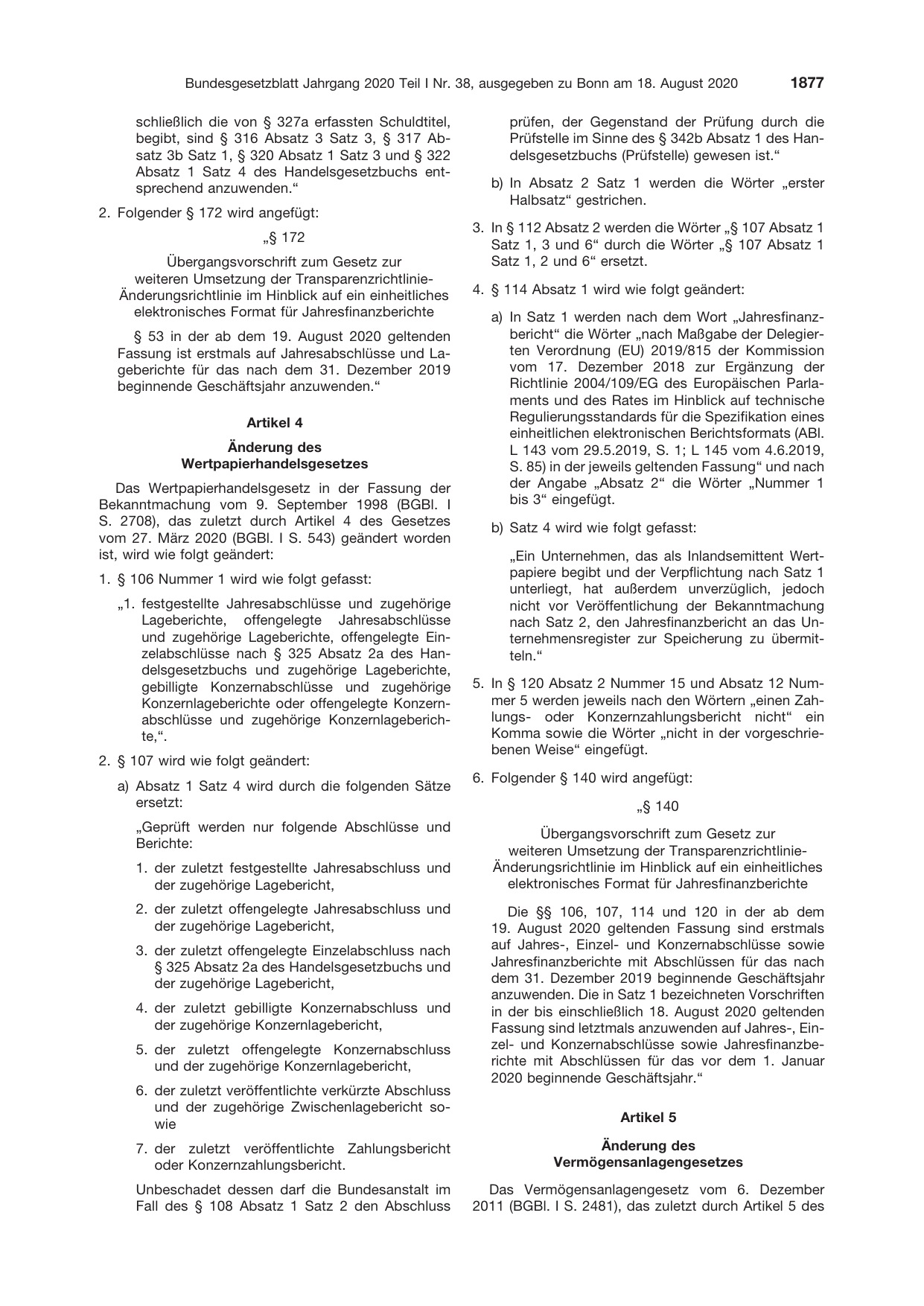BGBl. 2020, Seite 1877 — Originalseite als Abbildung