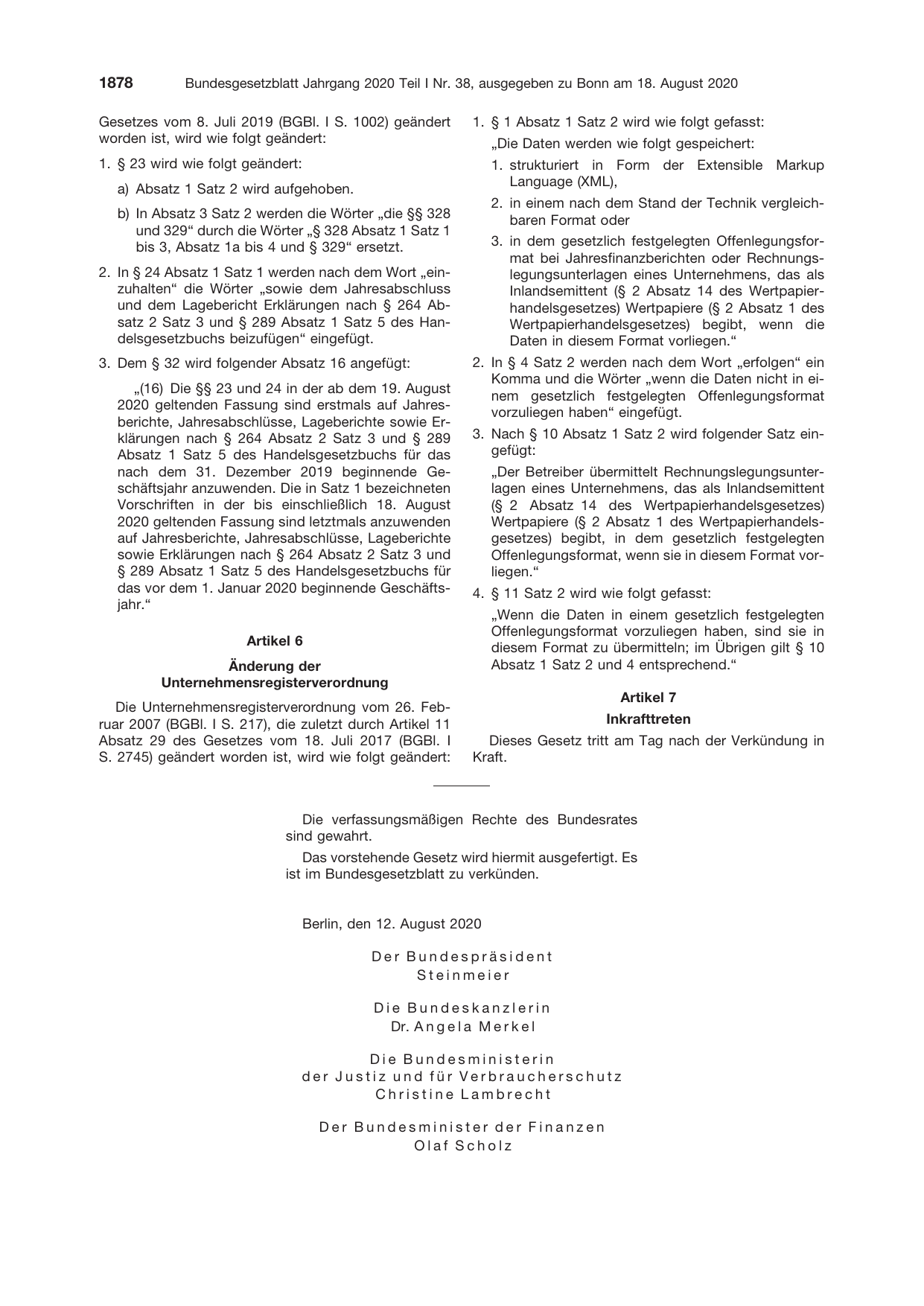 BGBl. 2020, Seite 1878 — Originalseite als Abbildung
