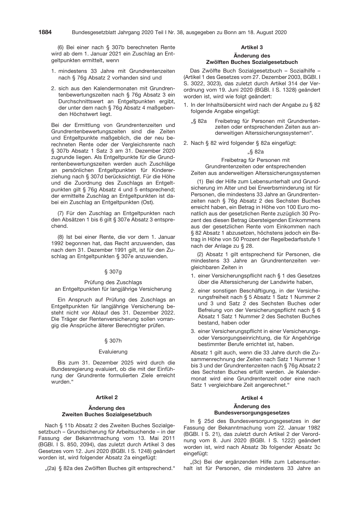 BGBl. 2020, Seite 1884 — Originalseite als Abbildung