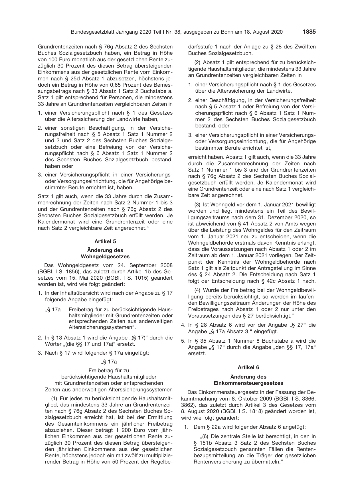BGBl. 2020, Seite 1885 — Originalseite als Abbildung