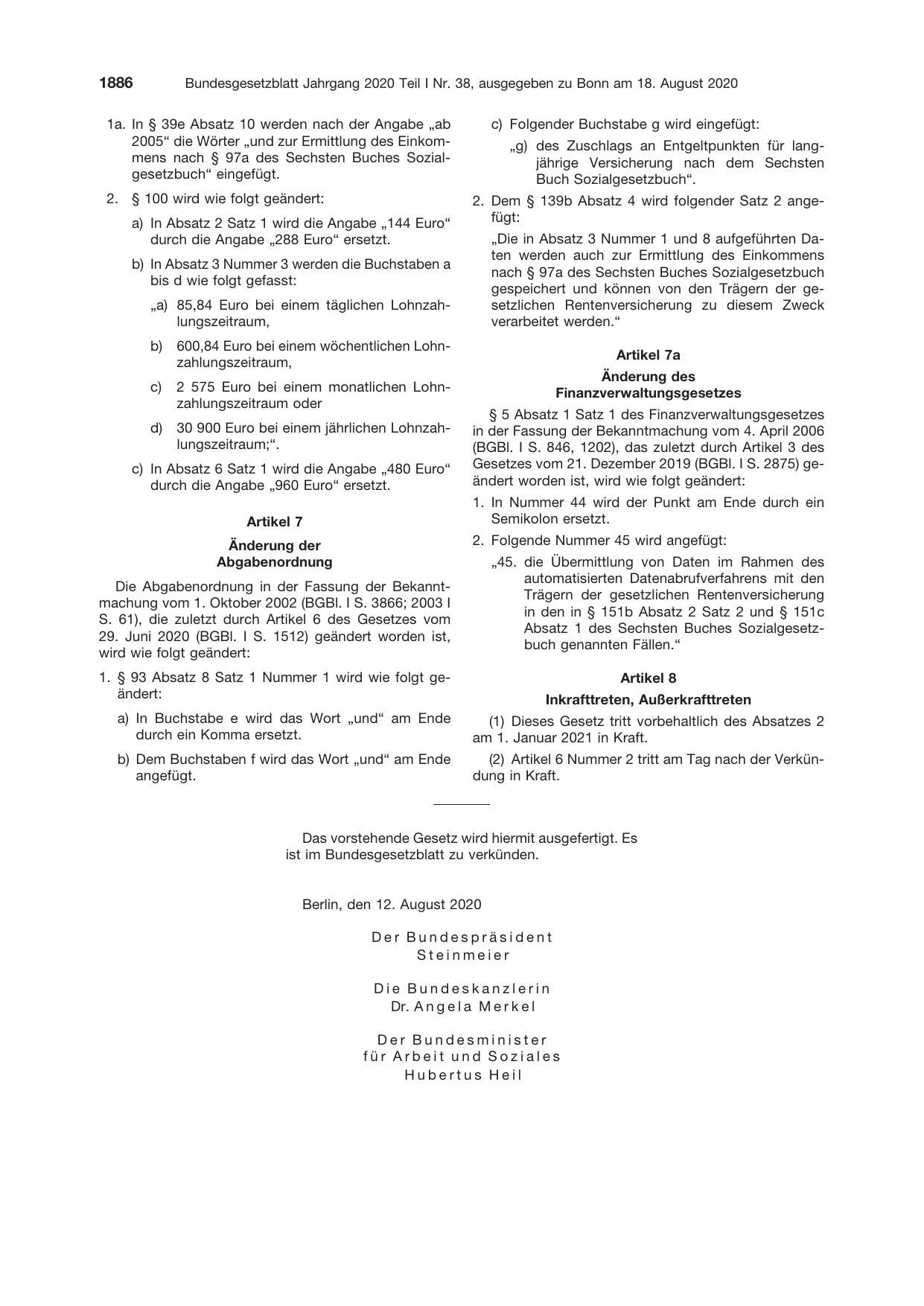 BGBl. 2020, Seite 1886 — Originalseite als Abbildung