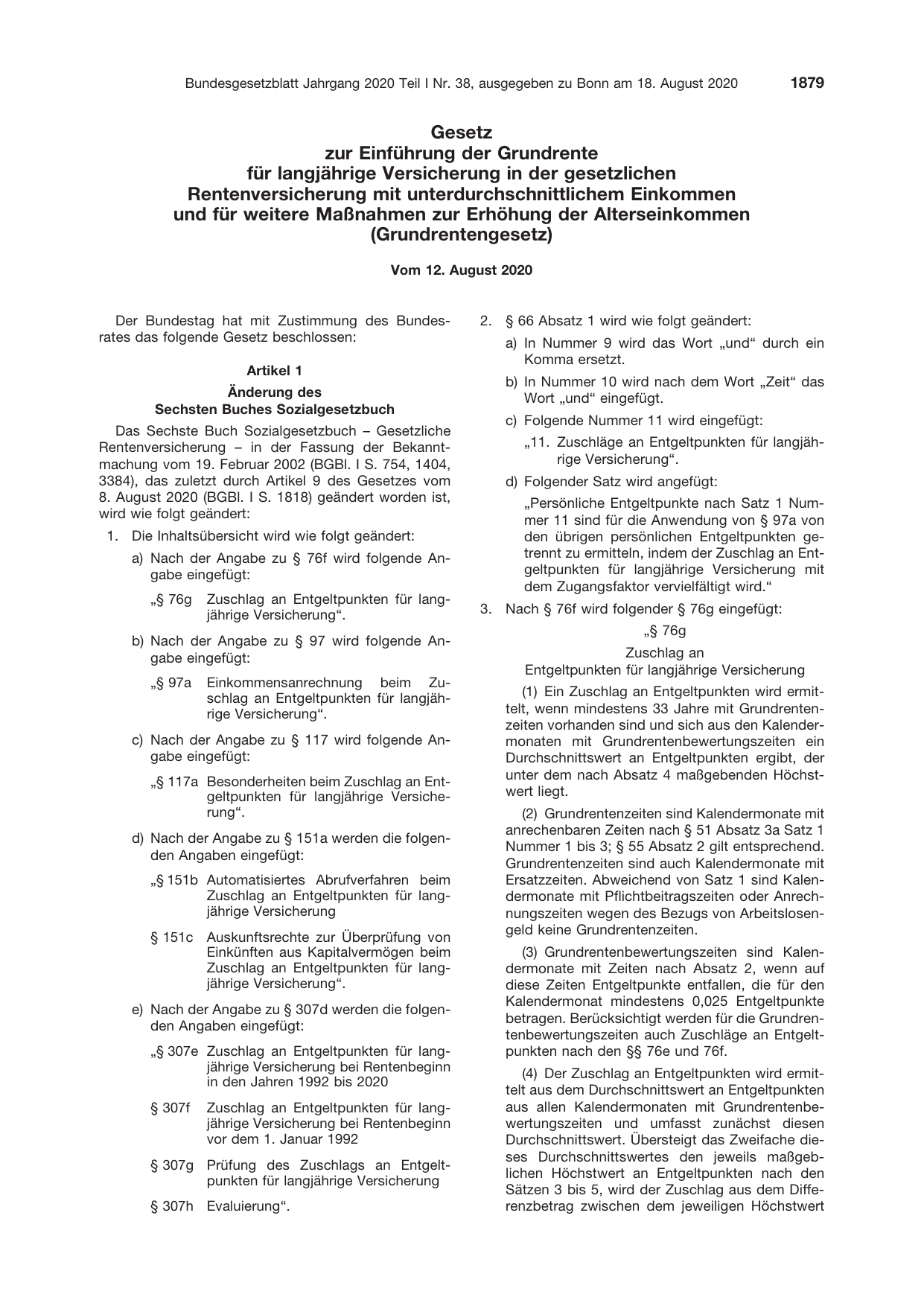 BGBl. 2020, Seite 1879 — Originalseite als Abbildung