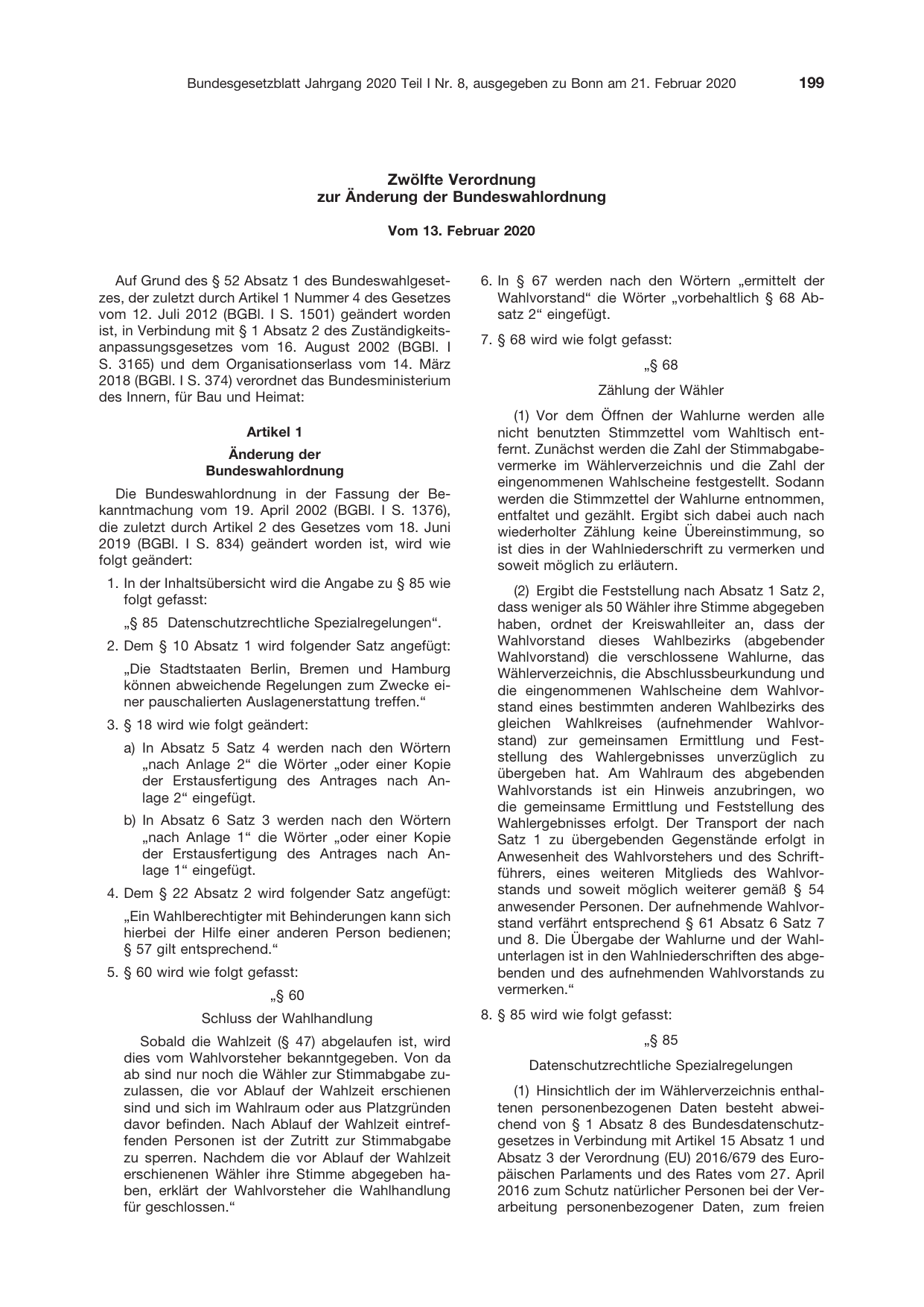 BGBl. 2020, Seite 199 — Originalseite als Abbildung