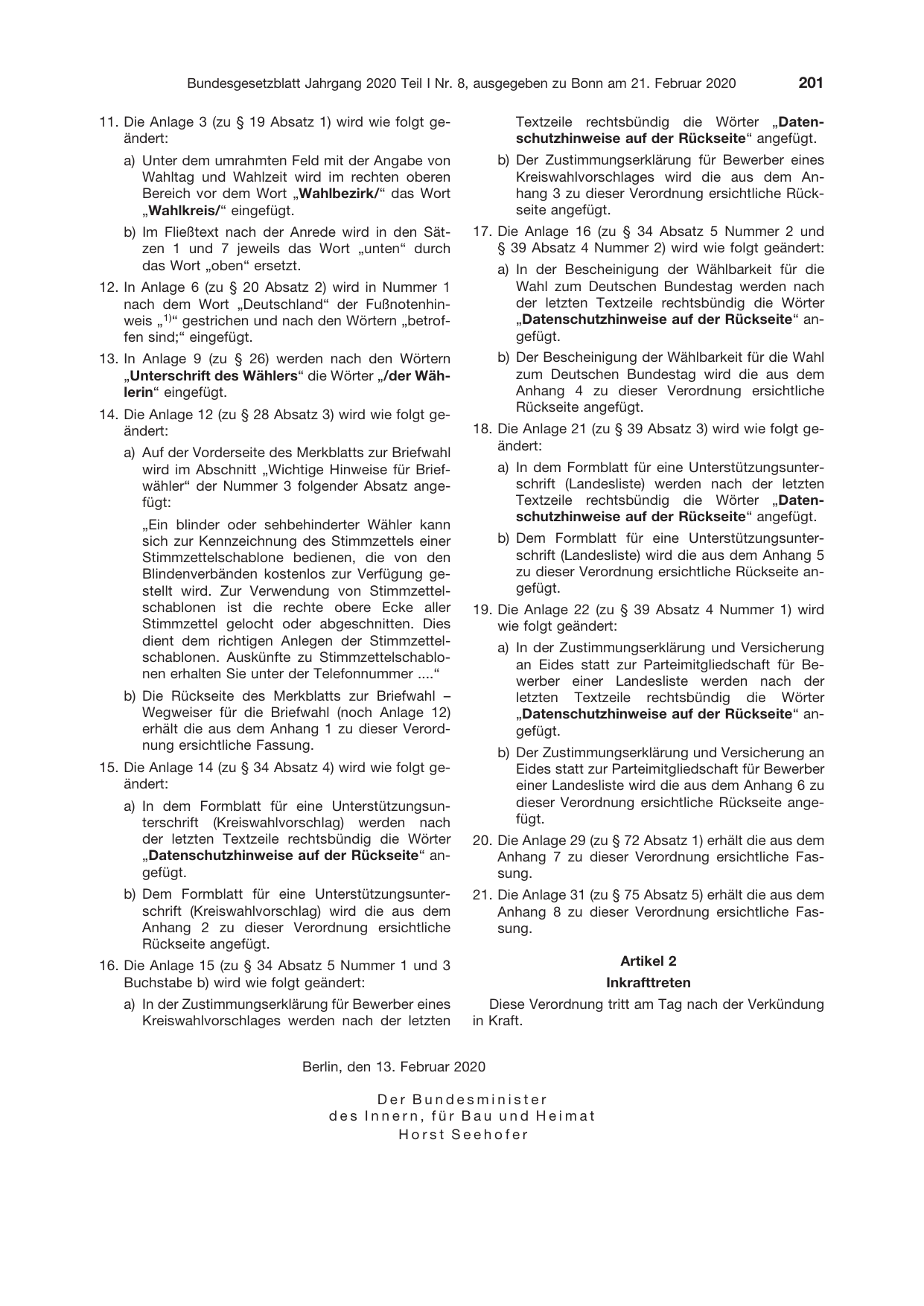 BGBl. 2020, Seite 201 — Originalseite als Abbildung