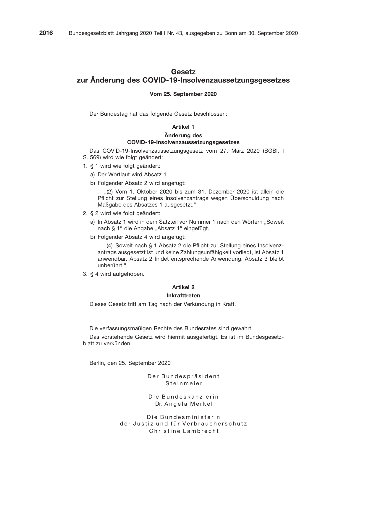 BGBl. 2020, Seite 2016 — Originalseite als Abbildung