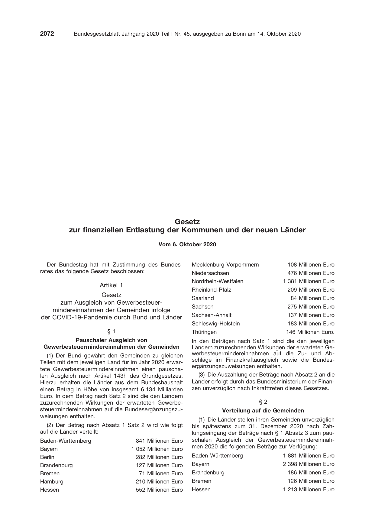 BGBl. 2020, Seite 2072 — Originalseite als Abbildung