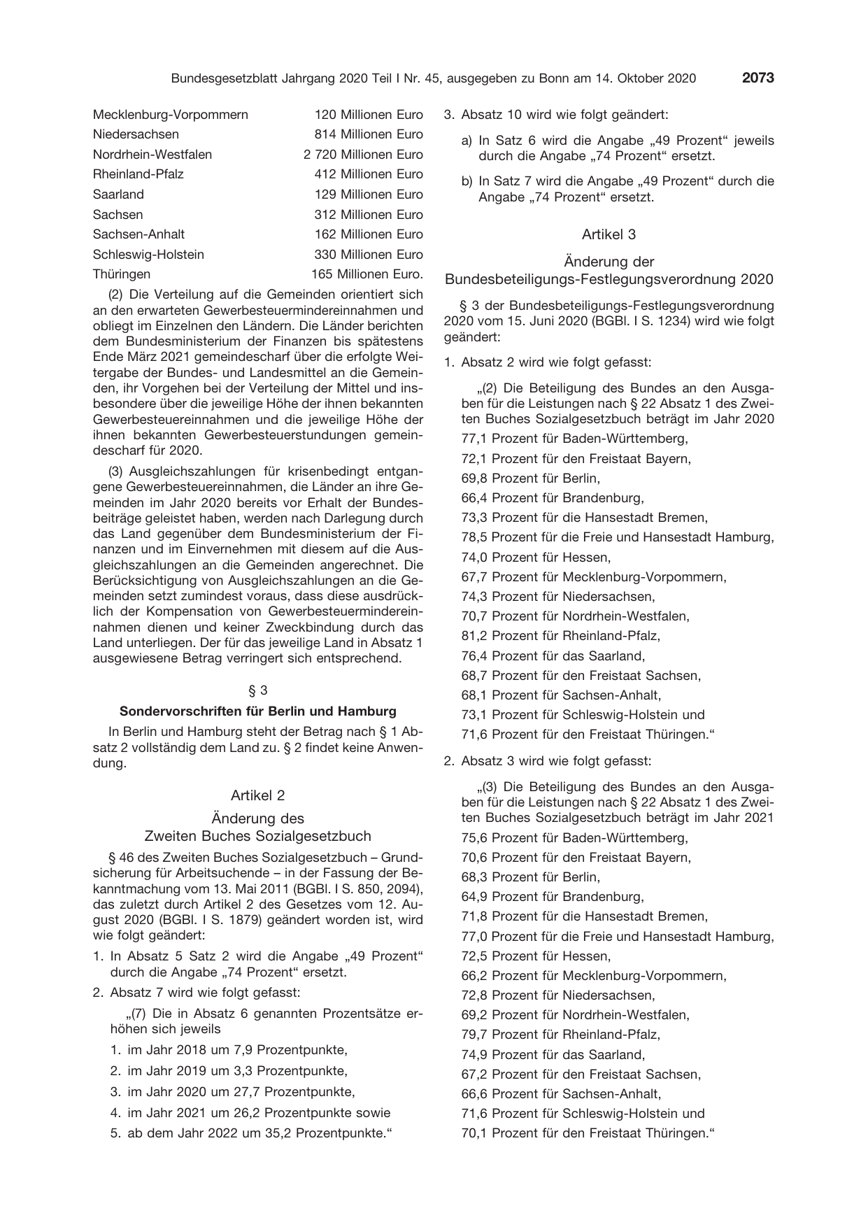 BGBl. 2020, Seite 2073 — Originalseite als Abbildung