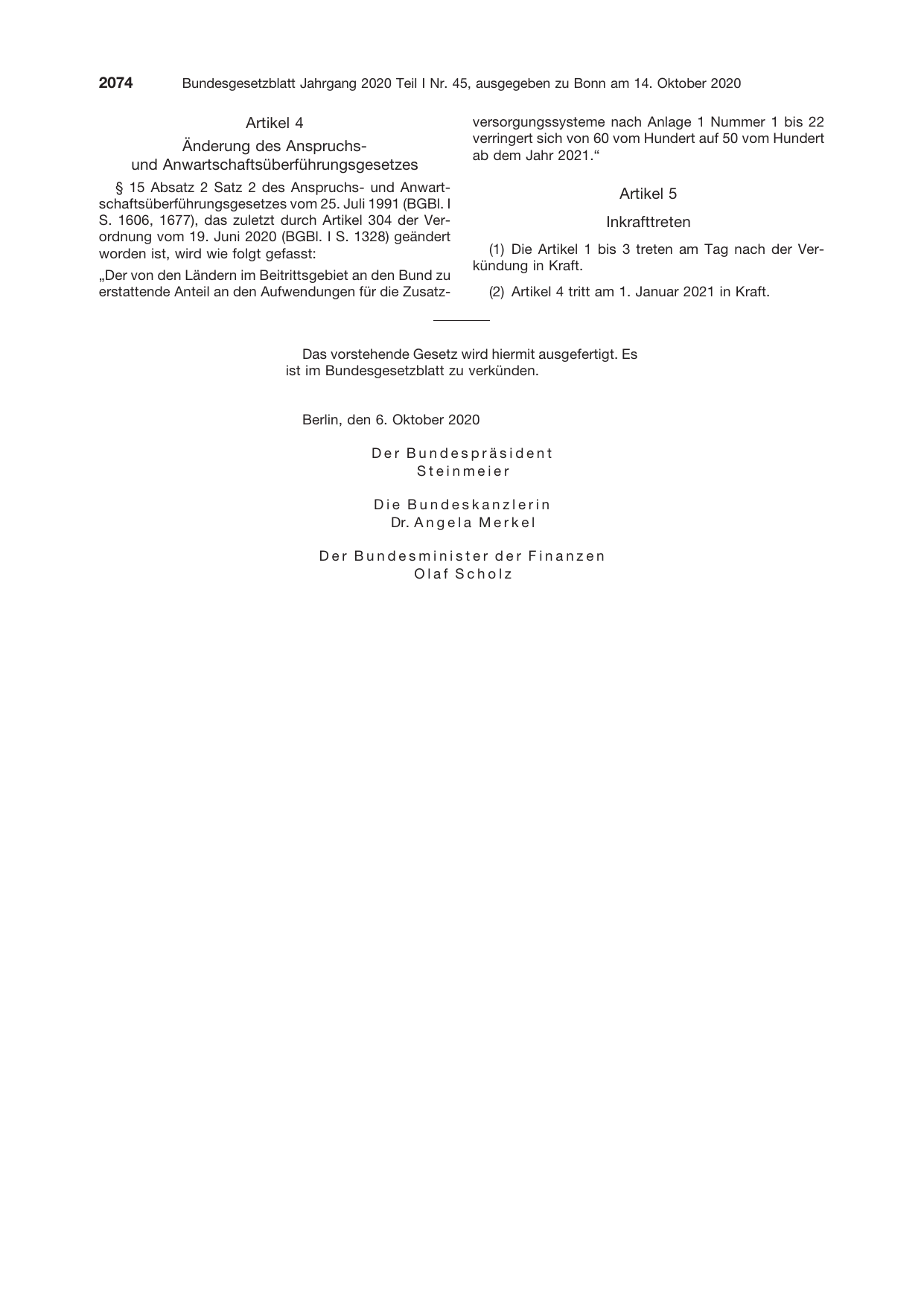BGBl. 2020, Seite 2074 — Originalseite als Abbildung