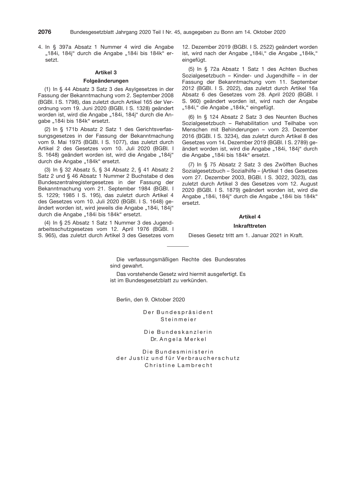 BGBl. 2020, Seite 2076 — Originalseite als Abbildung