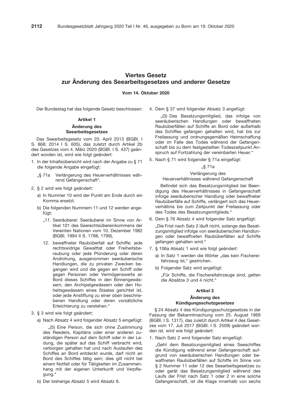 BGBl. 2020, Seite 2112 — Originalseite als Abbildung