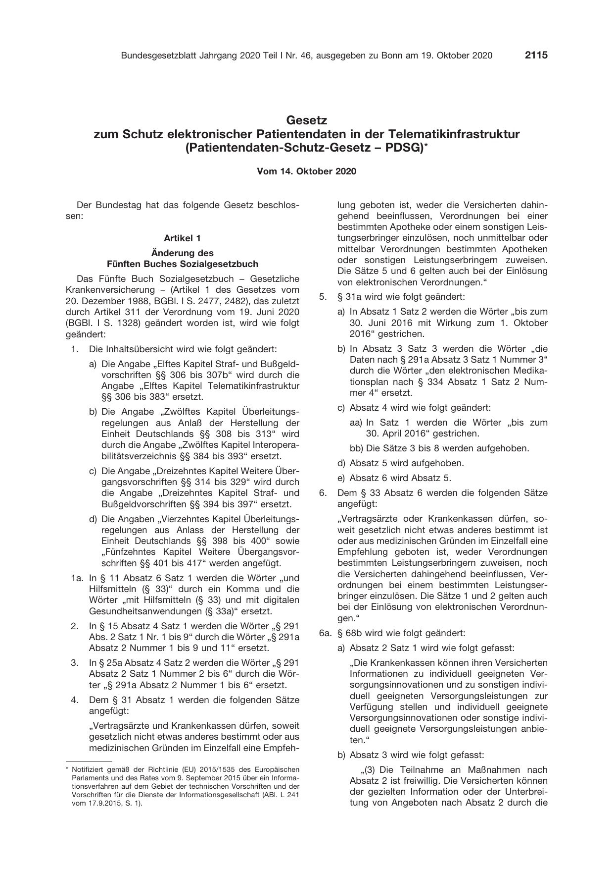 BGBl. 2020, Seite 2115 — Originalseite als Abbildung
