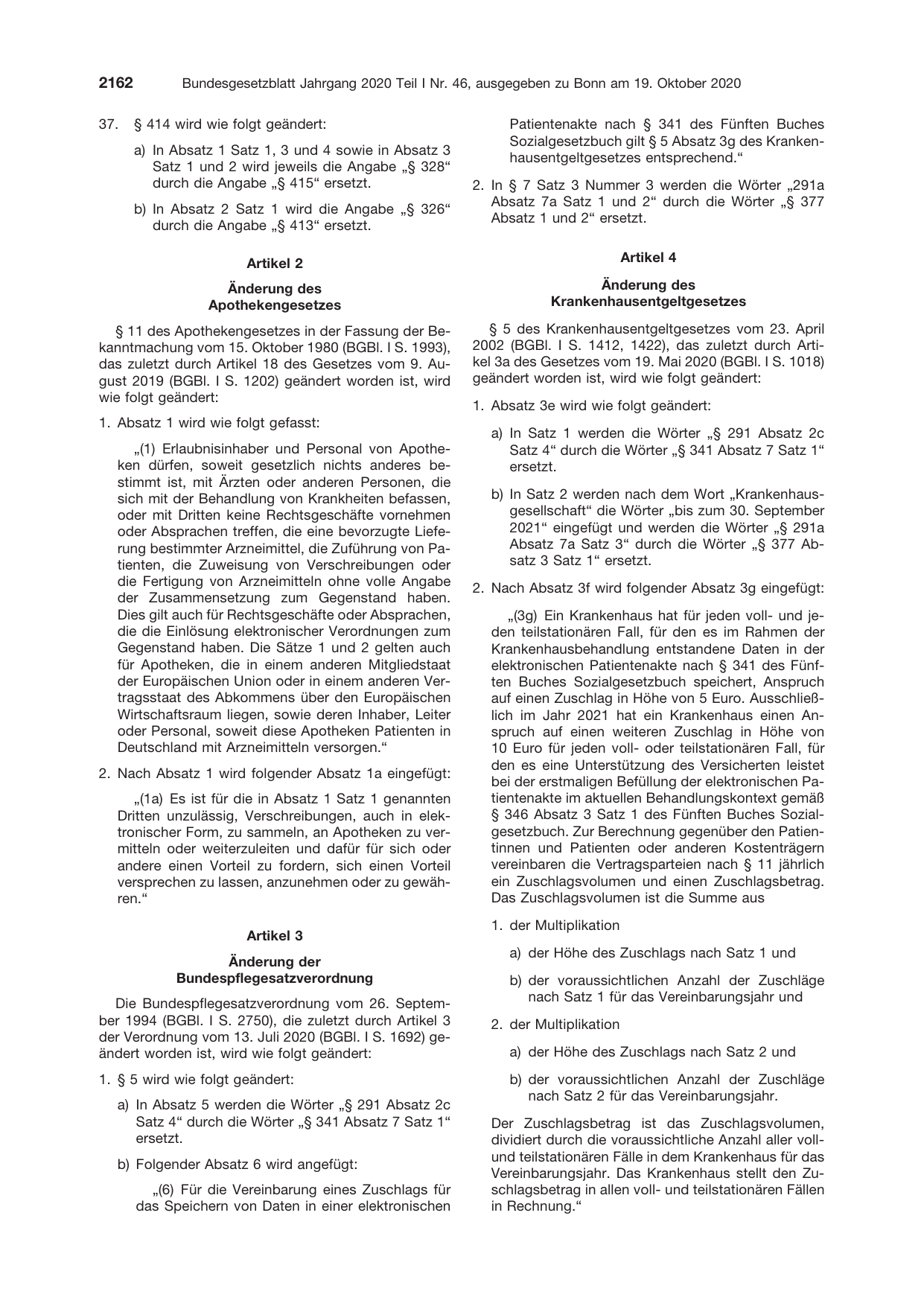 BGBl. 2020, Seite 2162 — Originalseite als Abbildung
