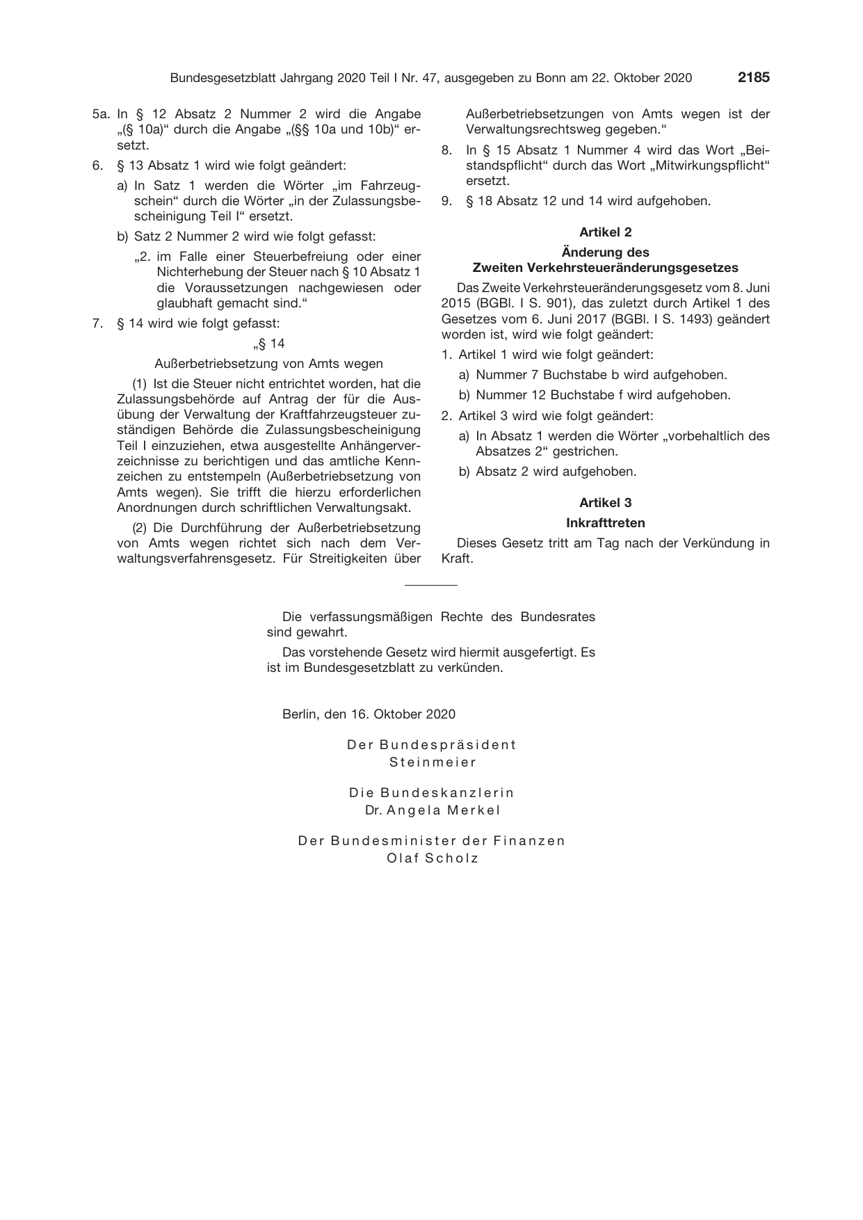BGBl. 2020, Seite 2185 — Originalseite als Abbildung