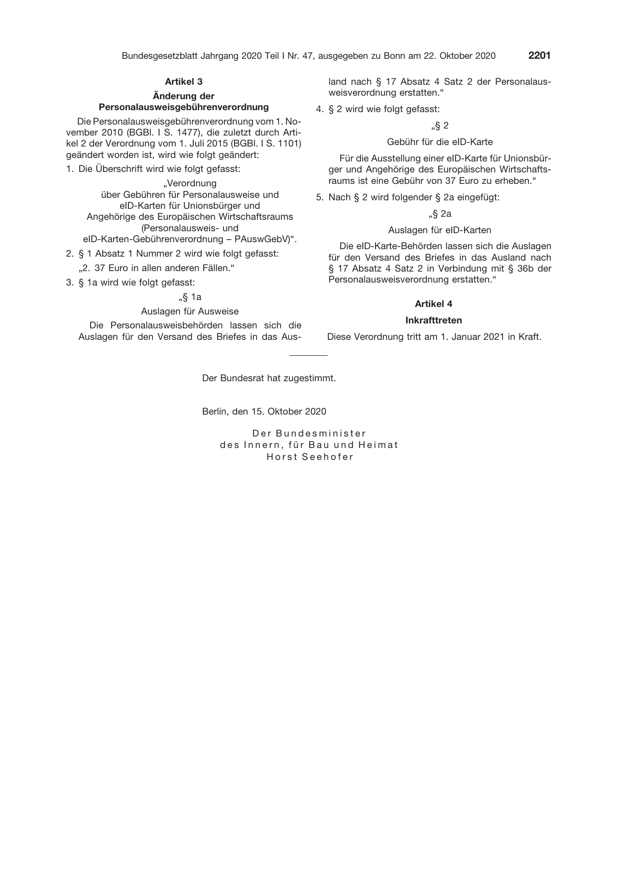 BGBl. 2020, Seite 2201 — Originalseite als Abbildung