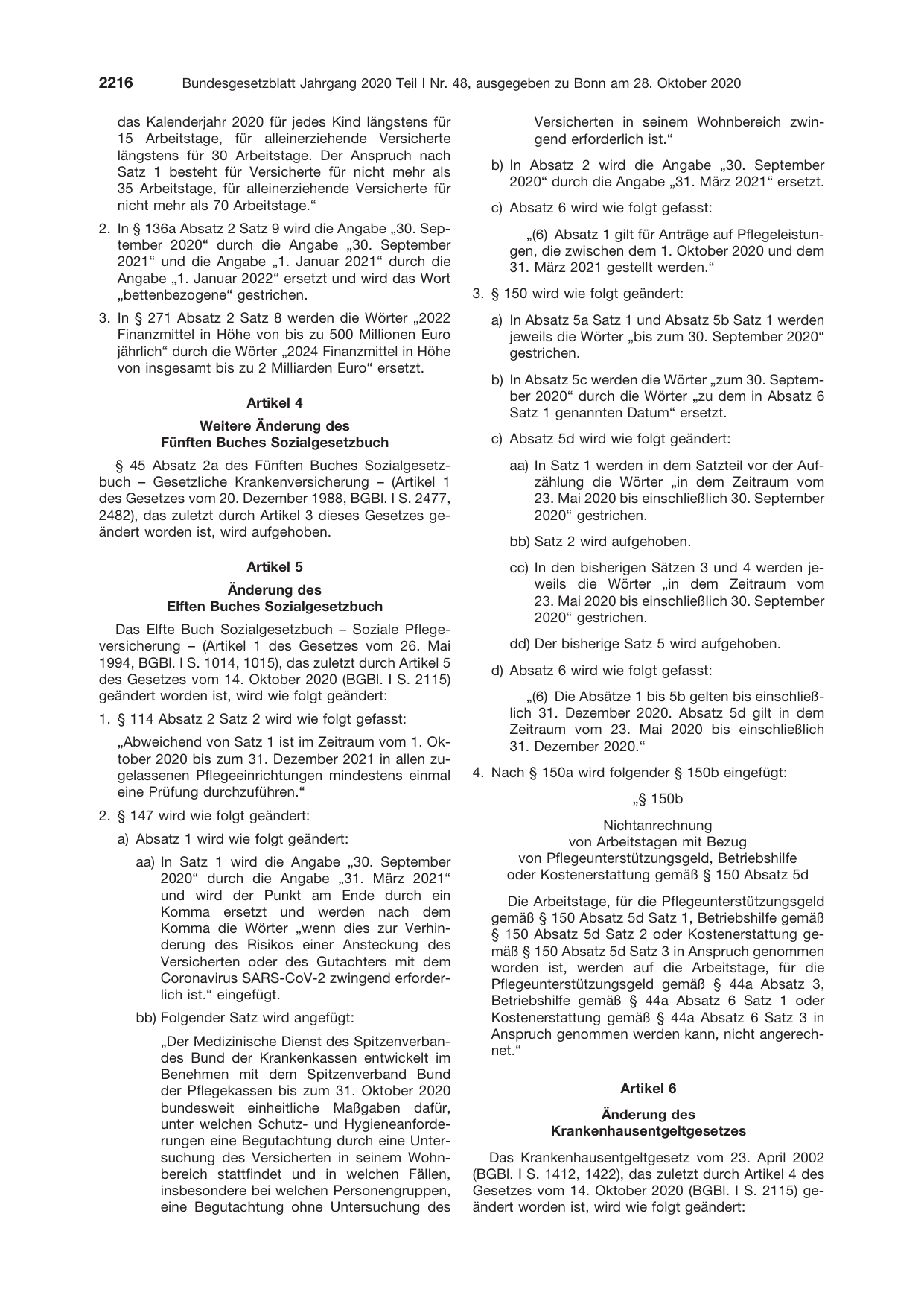 BGBl. 2020, Seite 2216 — Originalseite als Abbildung