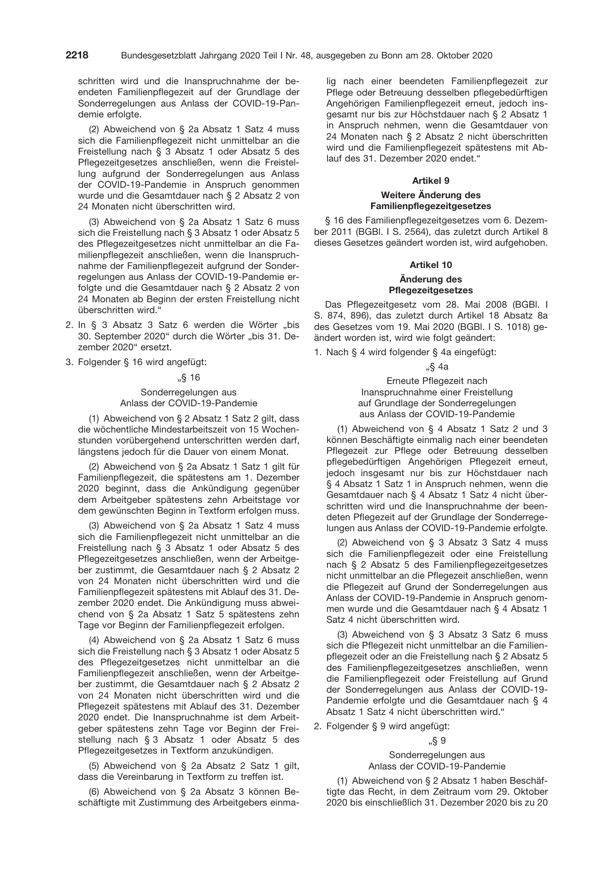 BGBl. 2020, Seite 2218 — Originalseite als Abbildung