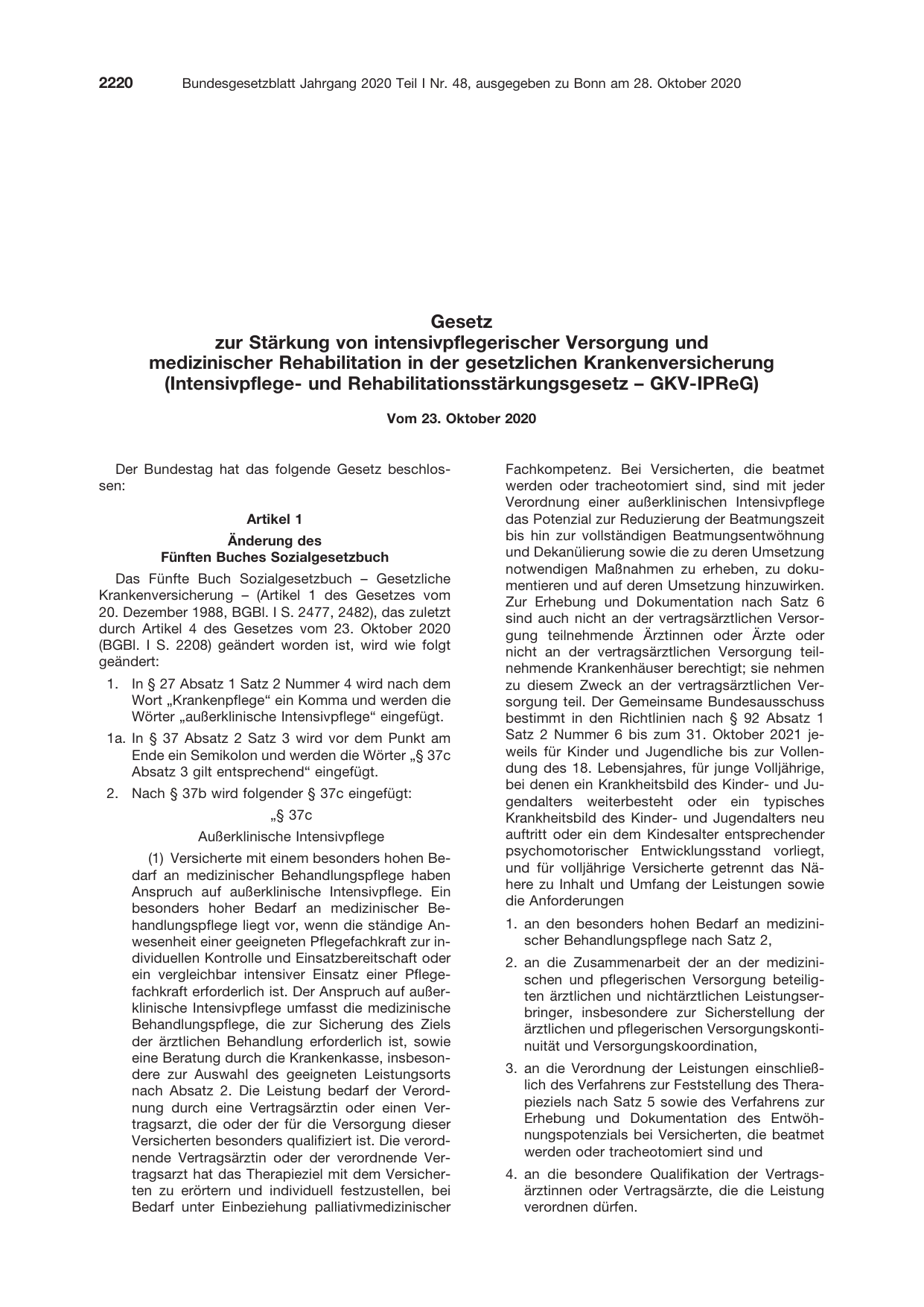 BGBl. 2020, Seite 2220 — Originalseite als Abbildung