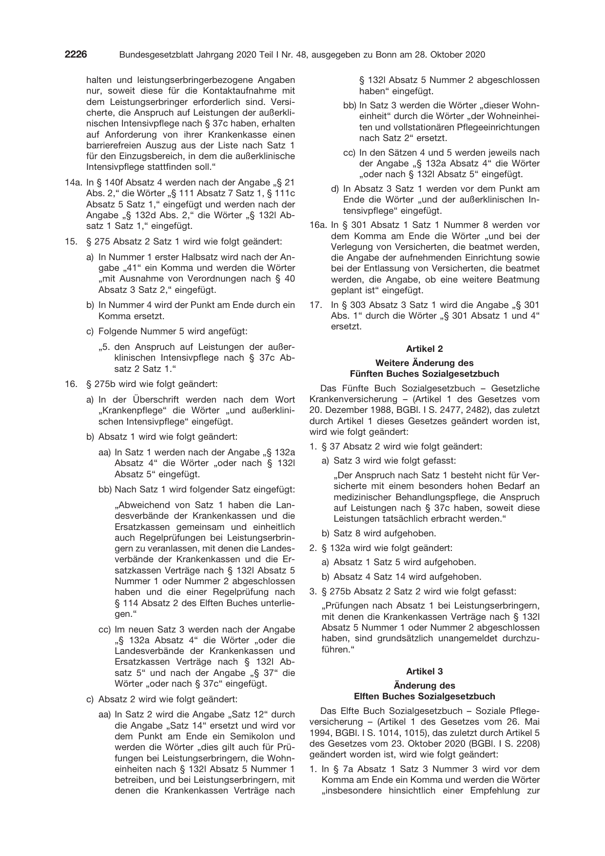 BGBl. 2020, Seite 2226 — Originalseite als Abbildung