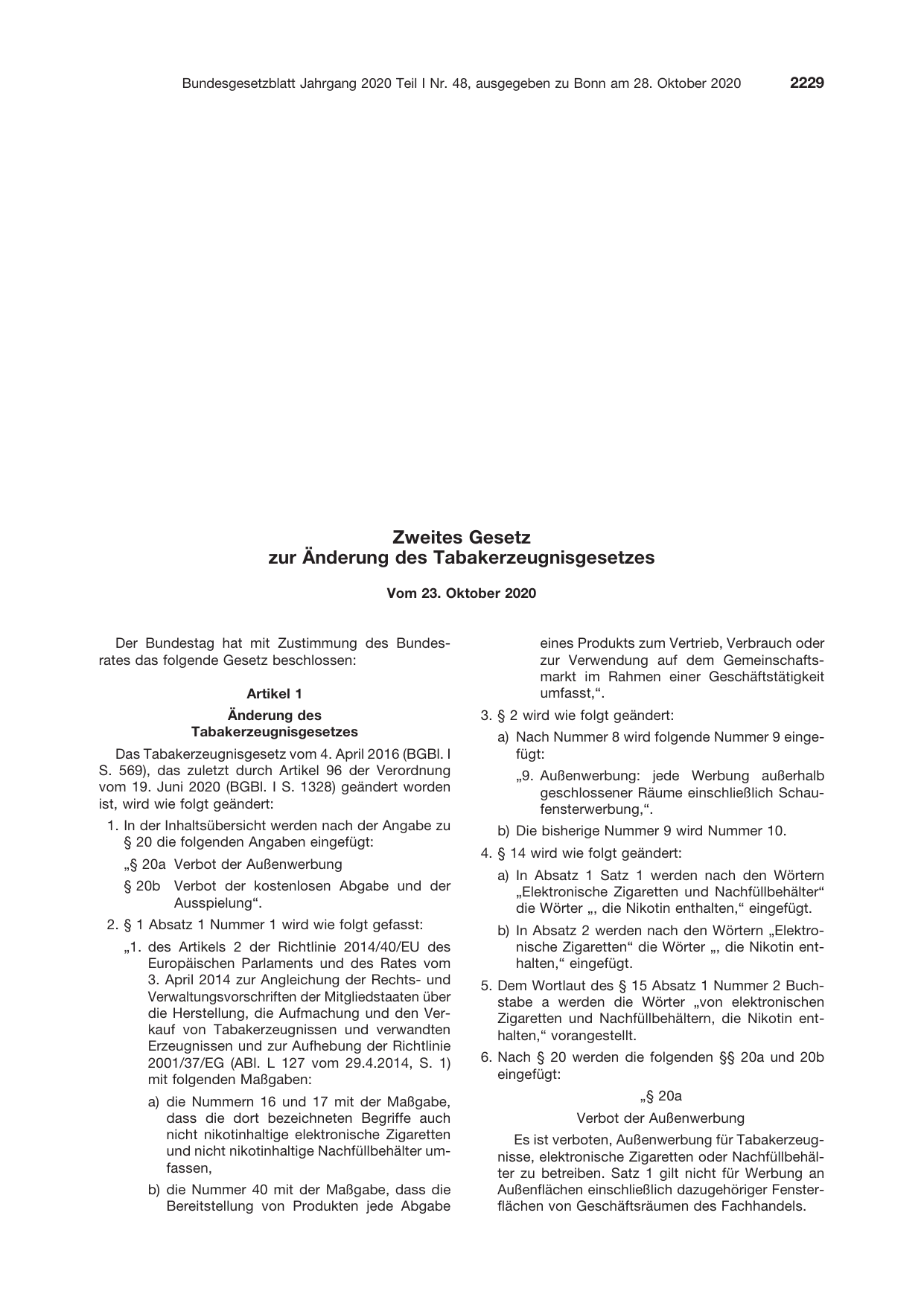 BGBl. 2020, Seite 2229 — Originalseite als Abbildung