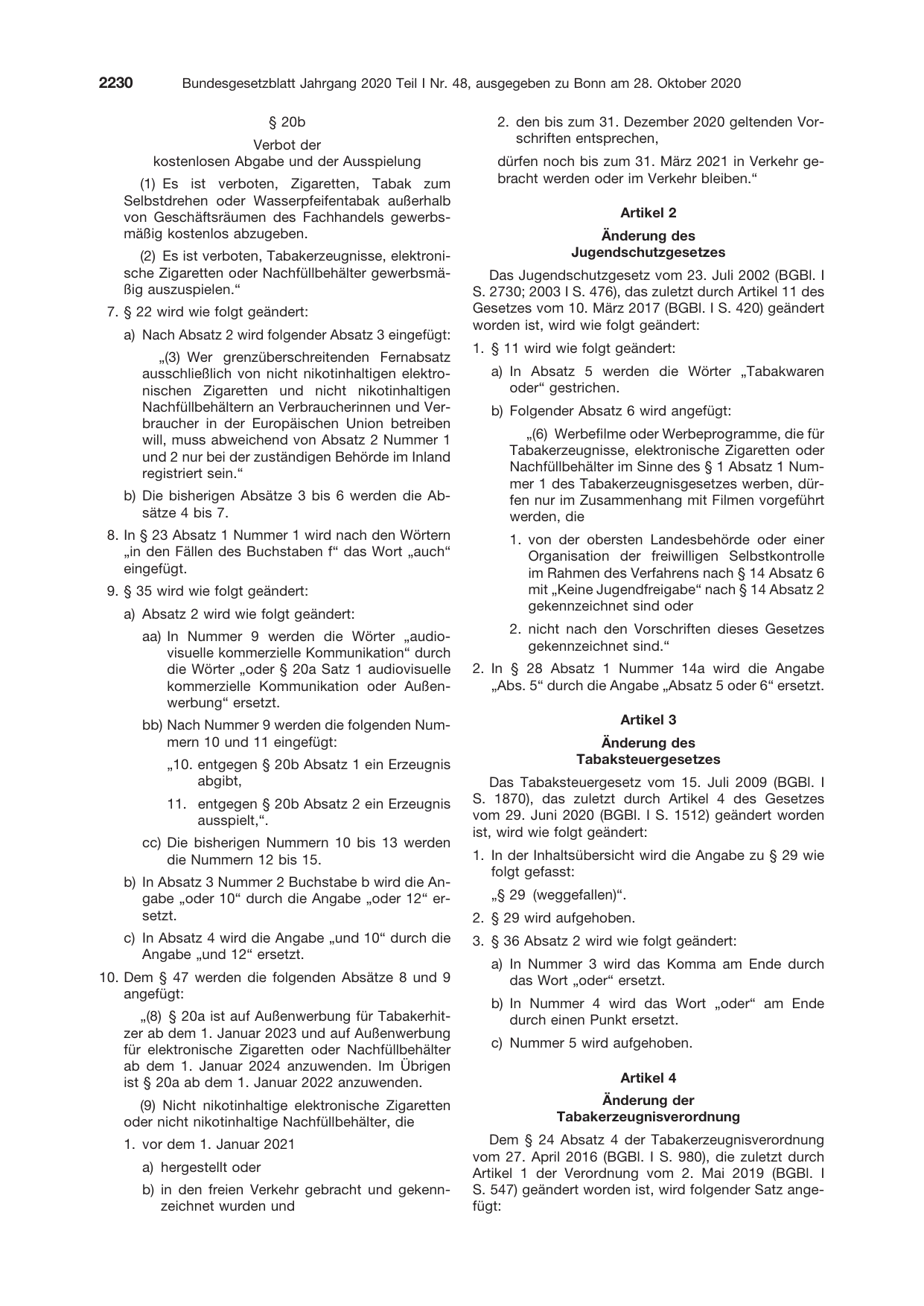 BGBl. 2020, Seite 2230 — Originalseite als Abbildung