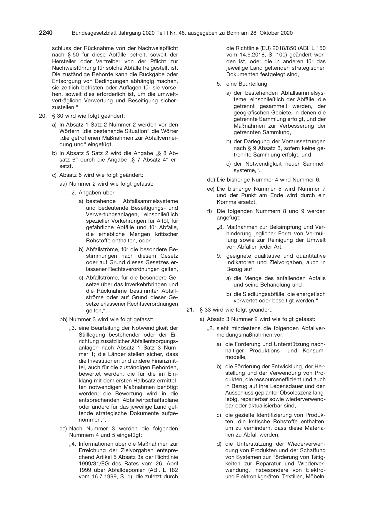 BGBl. 2020, Seite 2240 — Originalseite als Abbildung