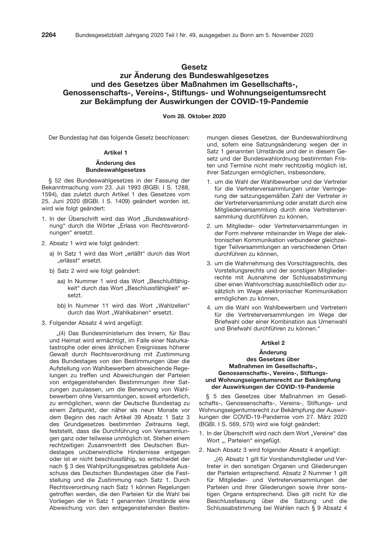 BGBl. 2020, Seite 2264 — Originalseite als Abbildung