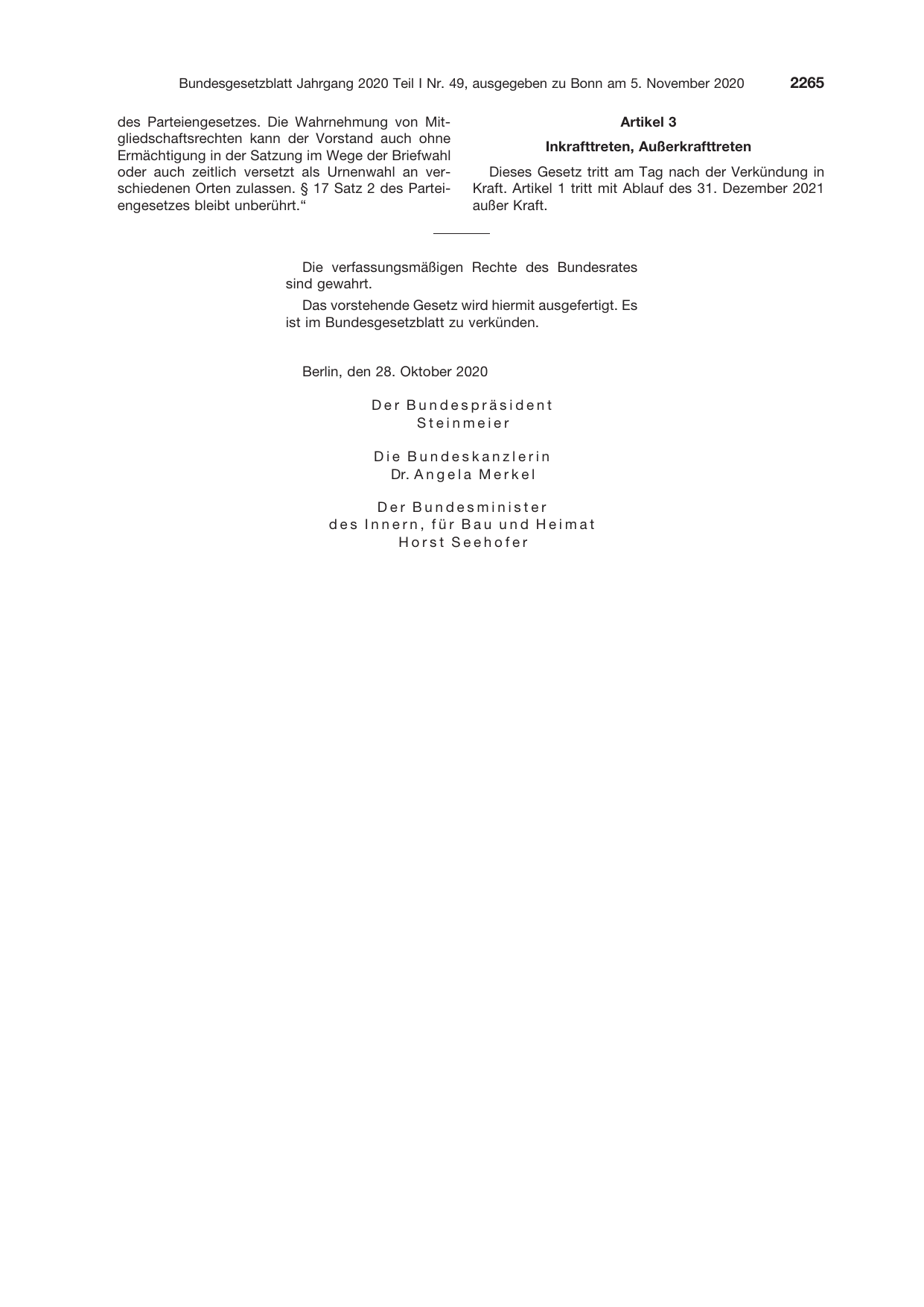 BGBl. 2020, Seite 2265 — Originalseite als Abbildung