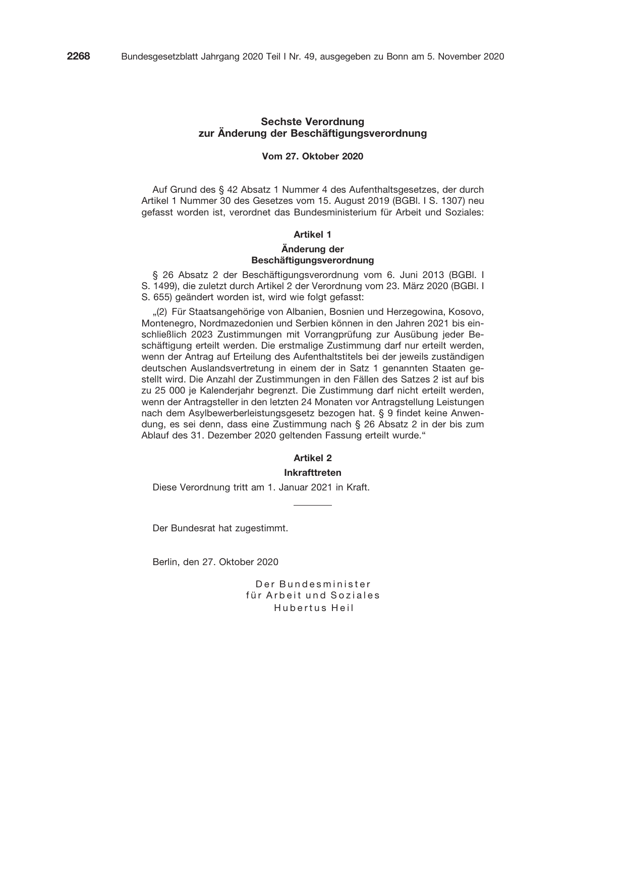 BGBl. 2020, Seite 2268 — Originalseite als Abbildung