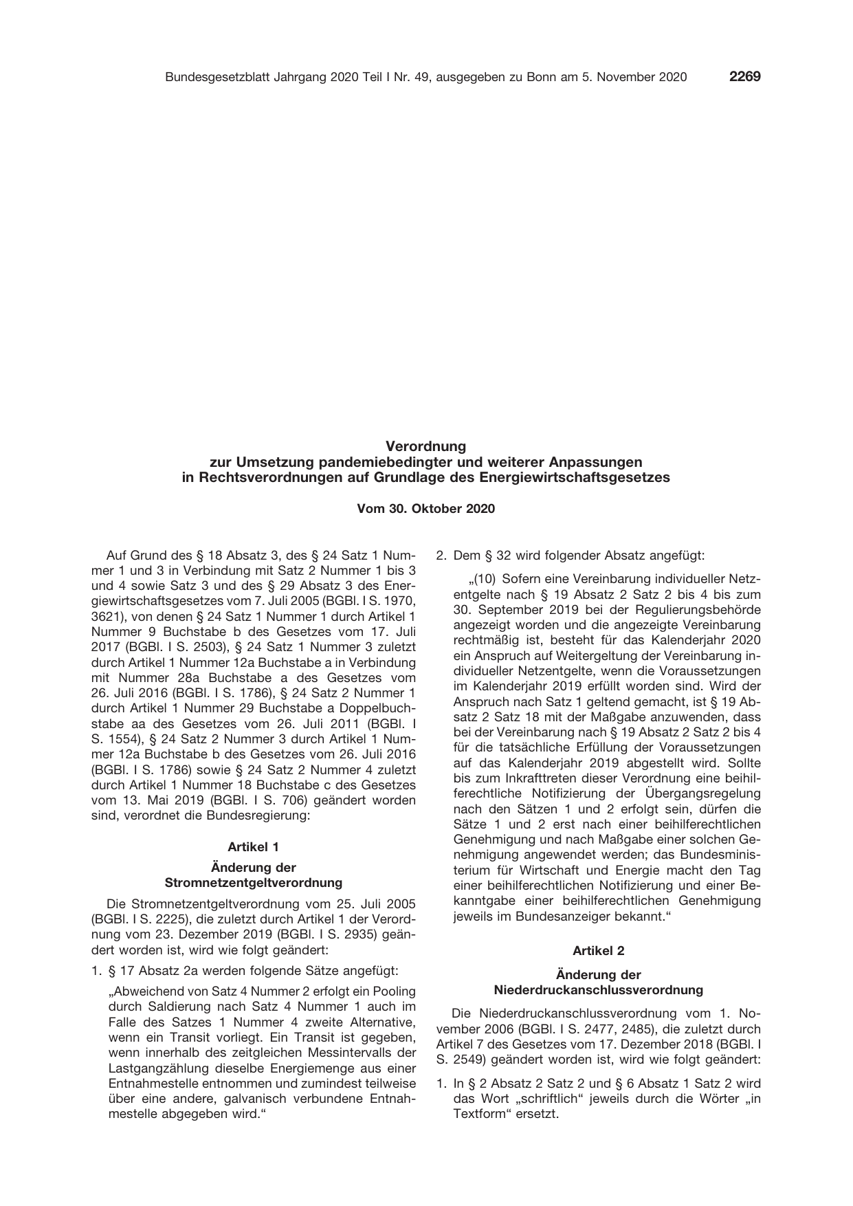 BGBl. 2020, Seite 2269 — Originalseite als Abbildung