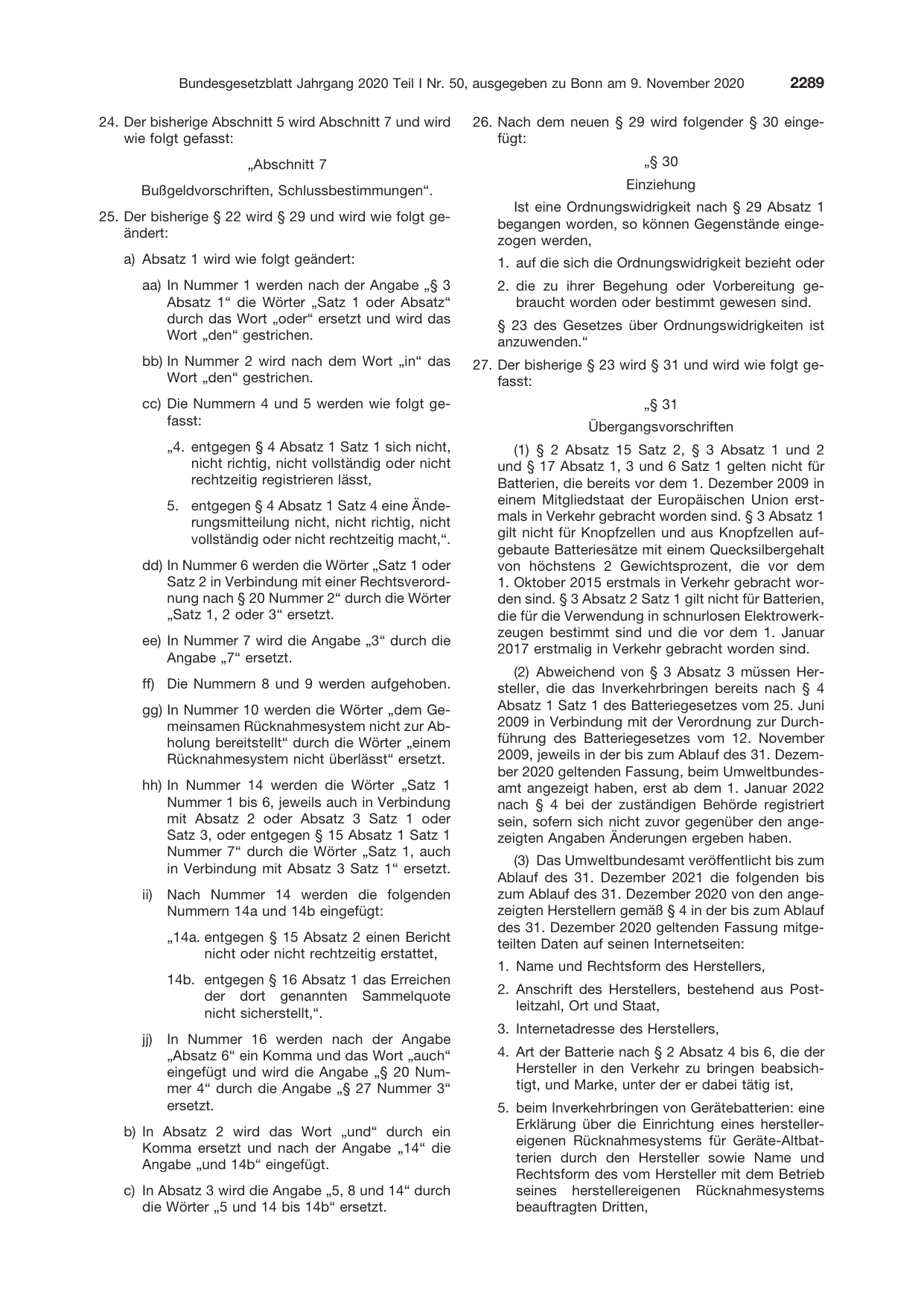 BGBl. 2020, Seite 2289 — Originalseite als Abbildung