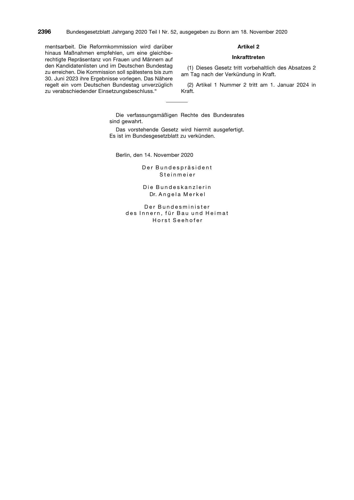 BGBl. 2020, Seite 2396 — Originalseite als Abbildung