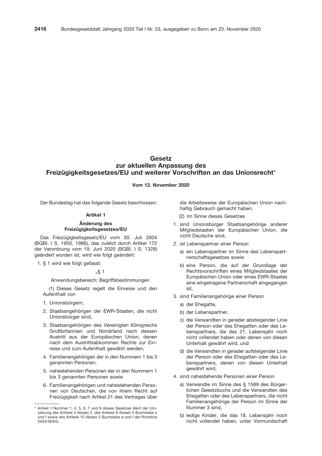 BGBl. 2020, Seite 2416 — Originalseite als Abbildung