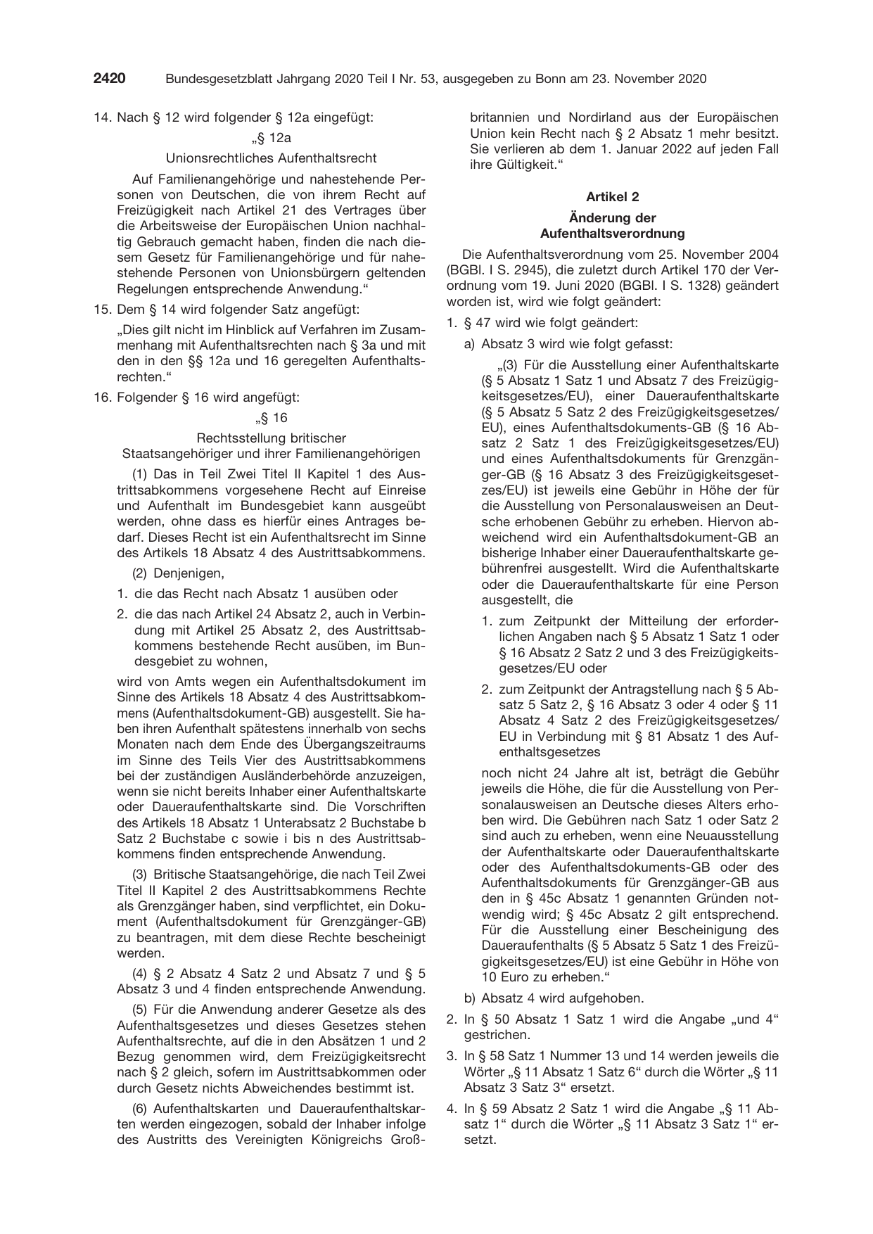 BGBl. 2020, Seite 2420 — Originalseite als Abbildung