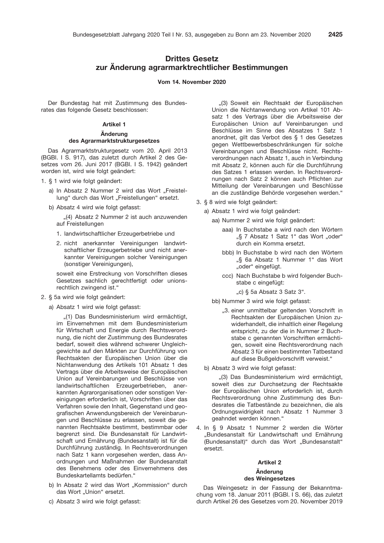 BGBl. 2020, Seite 2425 — Originalseite als Abbildung