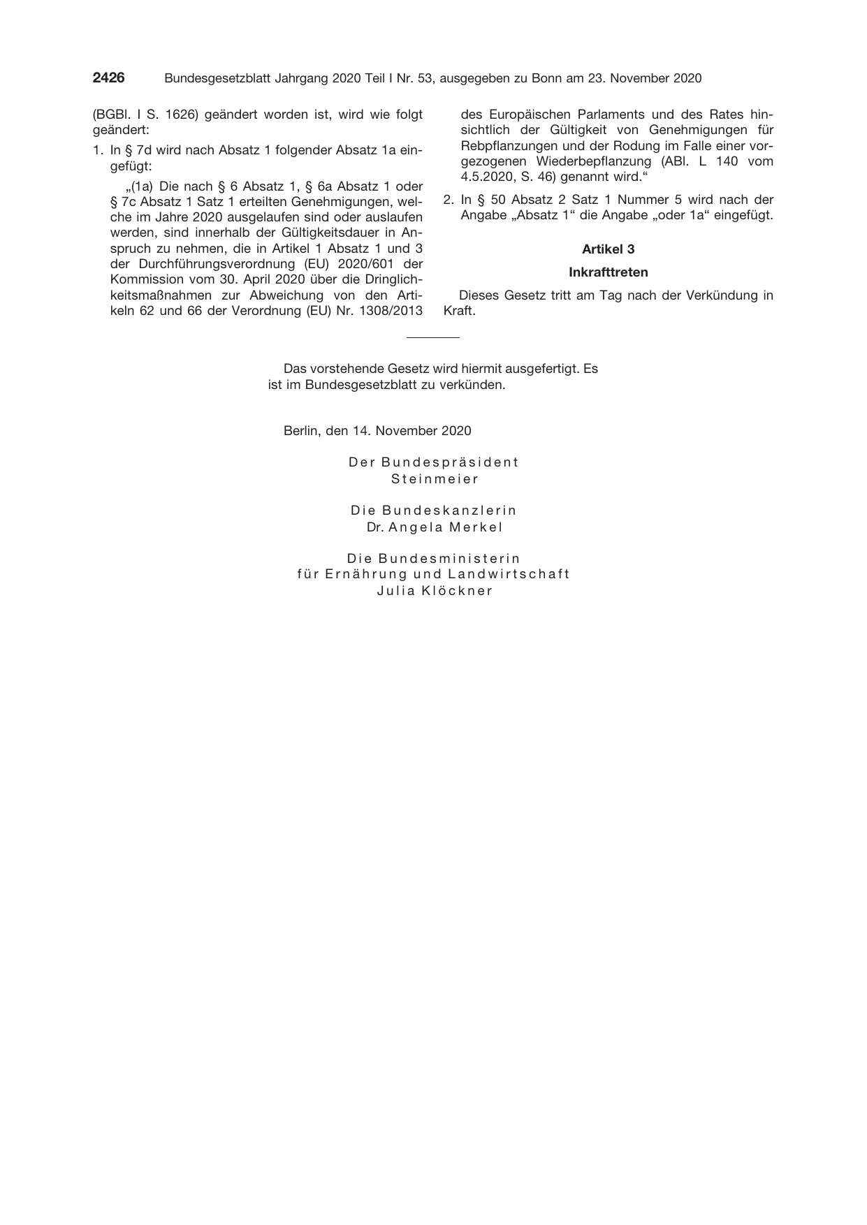 BGBl. 2020, Seite 2426 — Originalseite als Abbildung