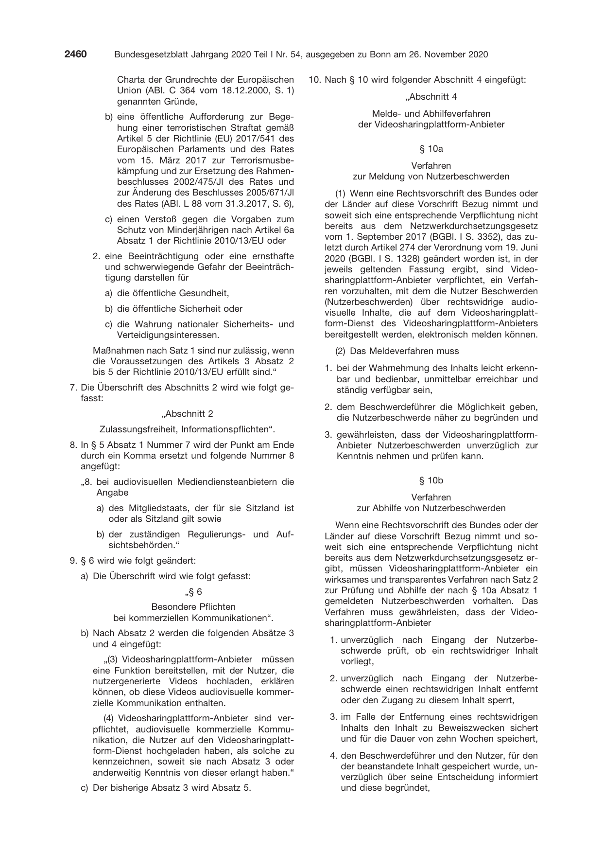 BGBl. 2020, Seite 2460 — Originalseite als Abbildung