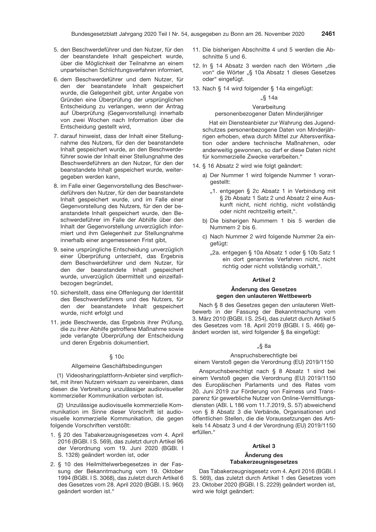 BGBl. 2020, Seite 2461 — Originalseite als Abbildung