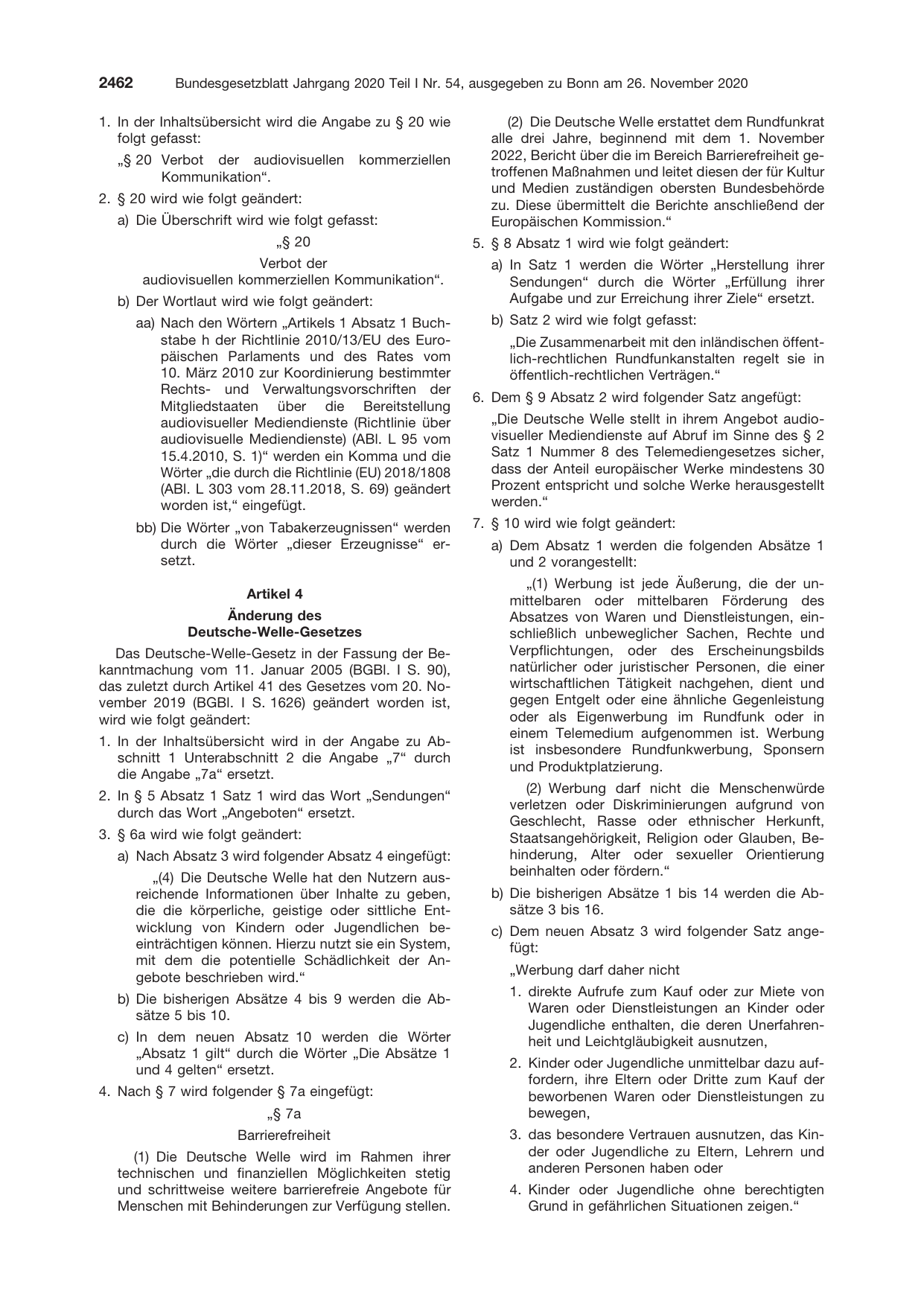 BGBl. 2020, Seite 2462 — Originalseite als Abbildung