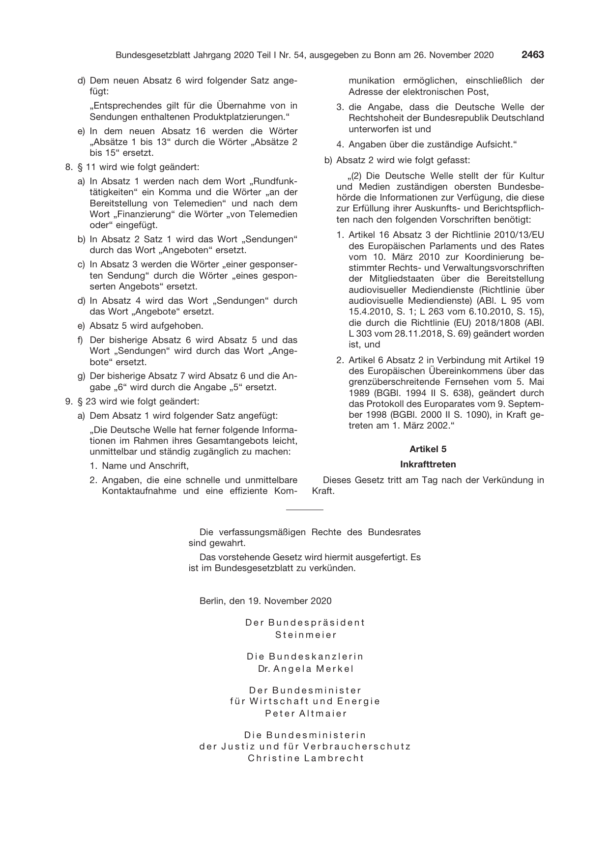 BGBl. 2020, Seite 2463 — Originalseite als Abbildung