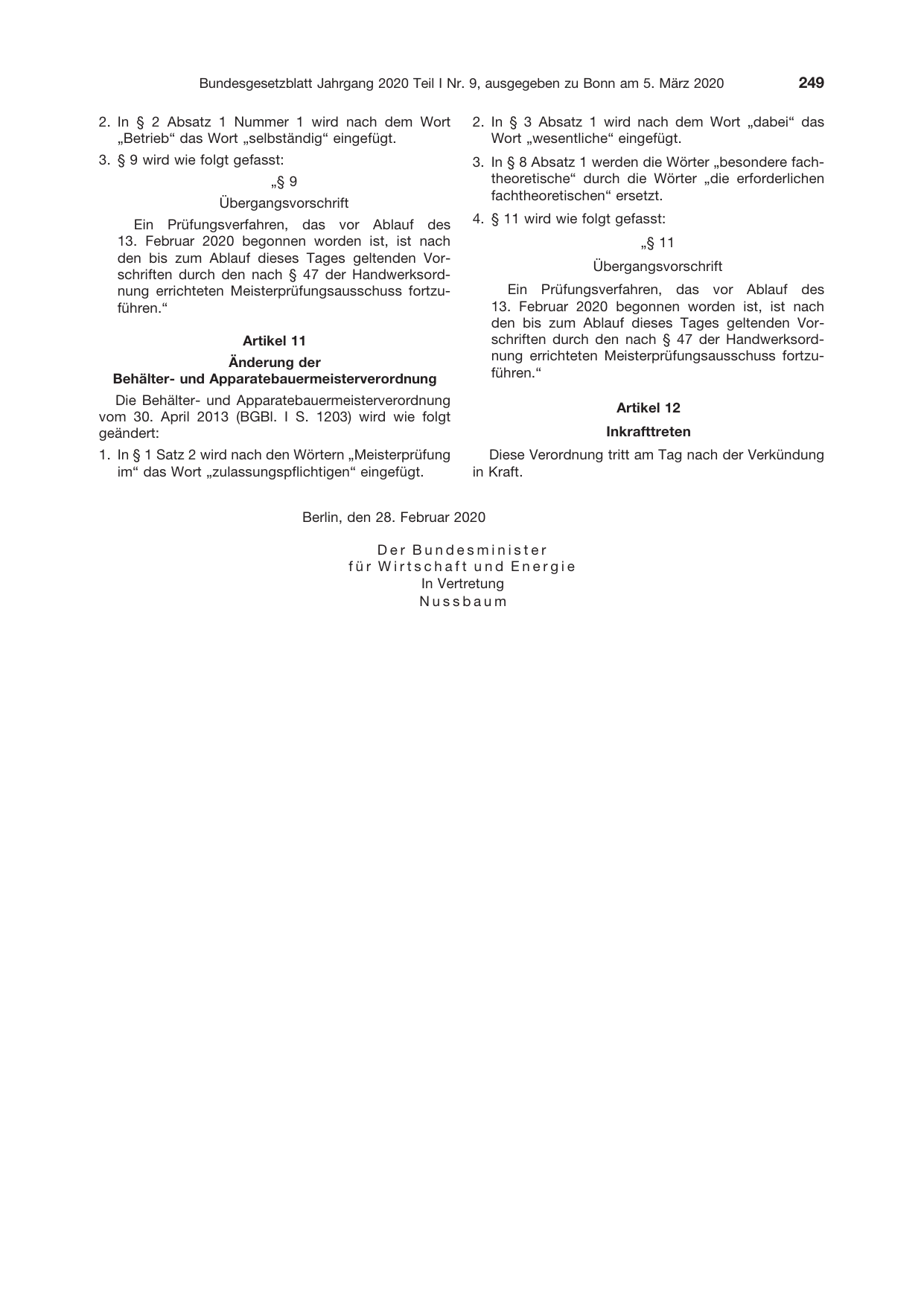 BGBl. 2020, Seite 249 — Originalseite als Abbildung