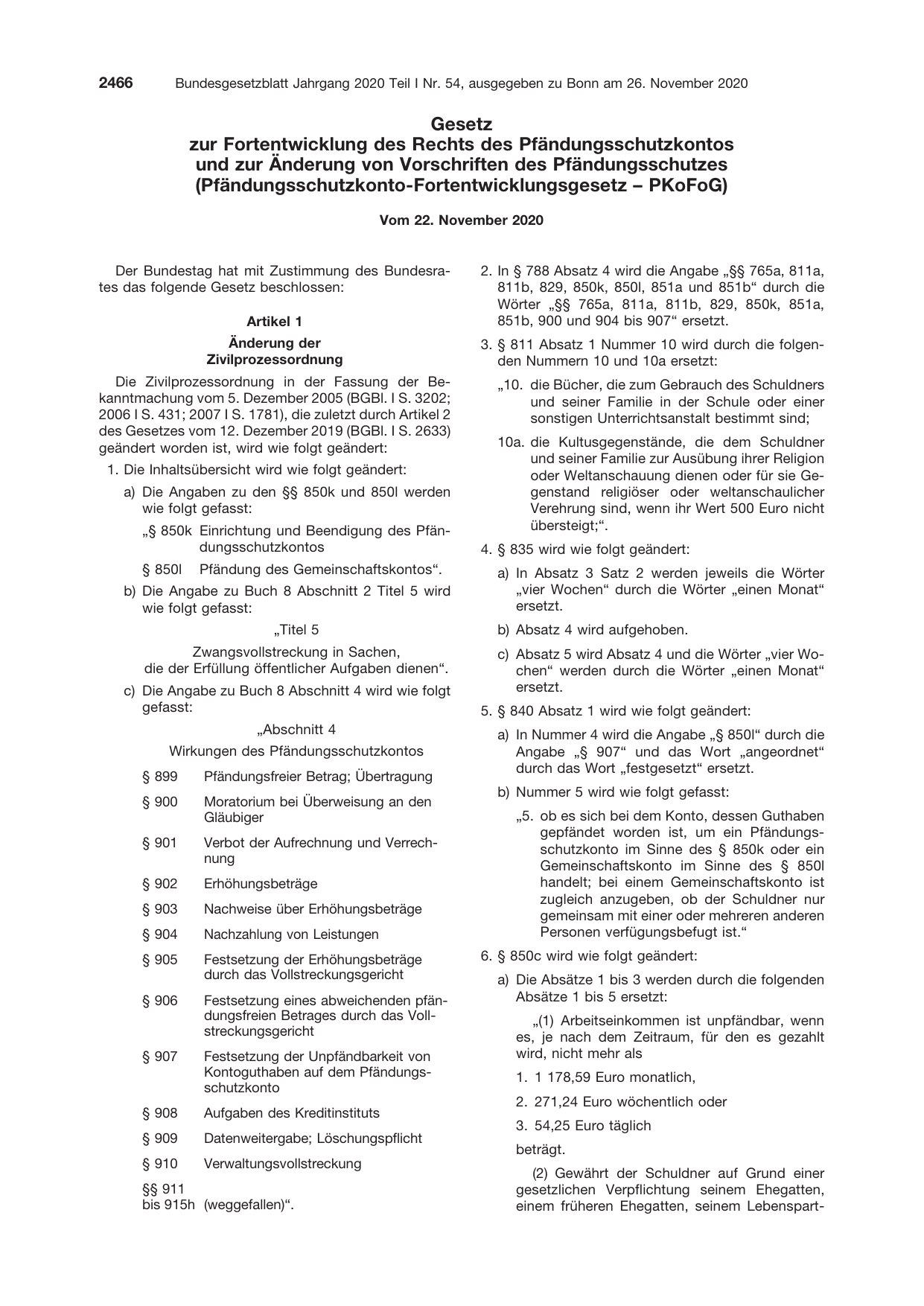 BGBl. 2020, Seite 2466 — Originalseite als Abbildung