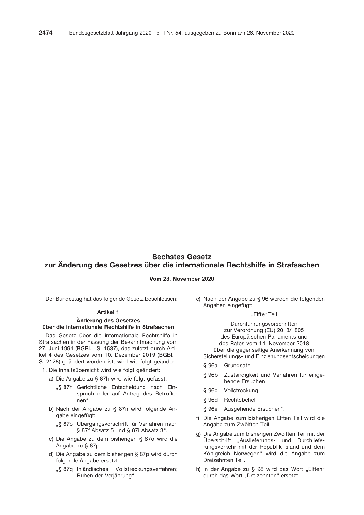 BGBl. 2020, Seite 2474 — Originalseite als Abbildung