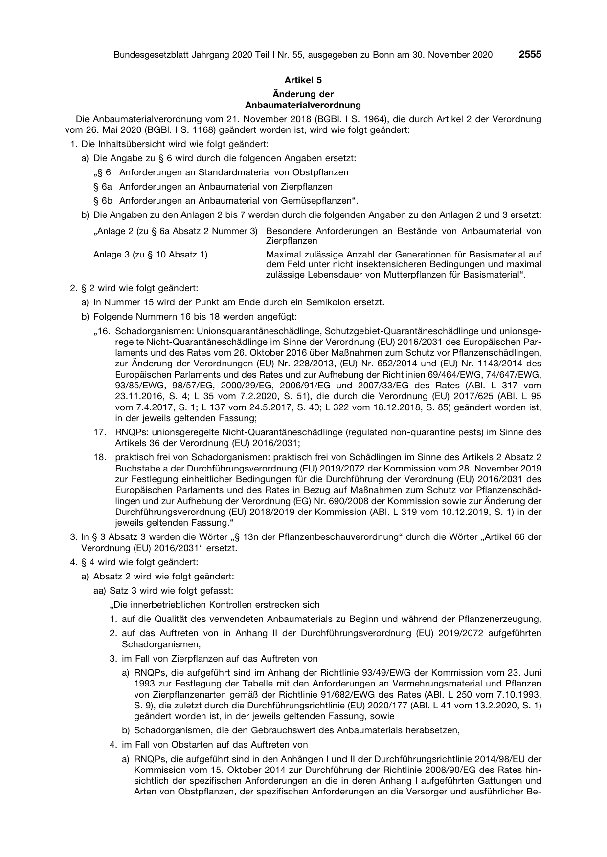 BGBl. 2020, Seite 2555 — Originalseite als Abbildung