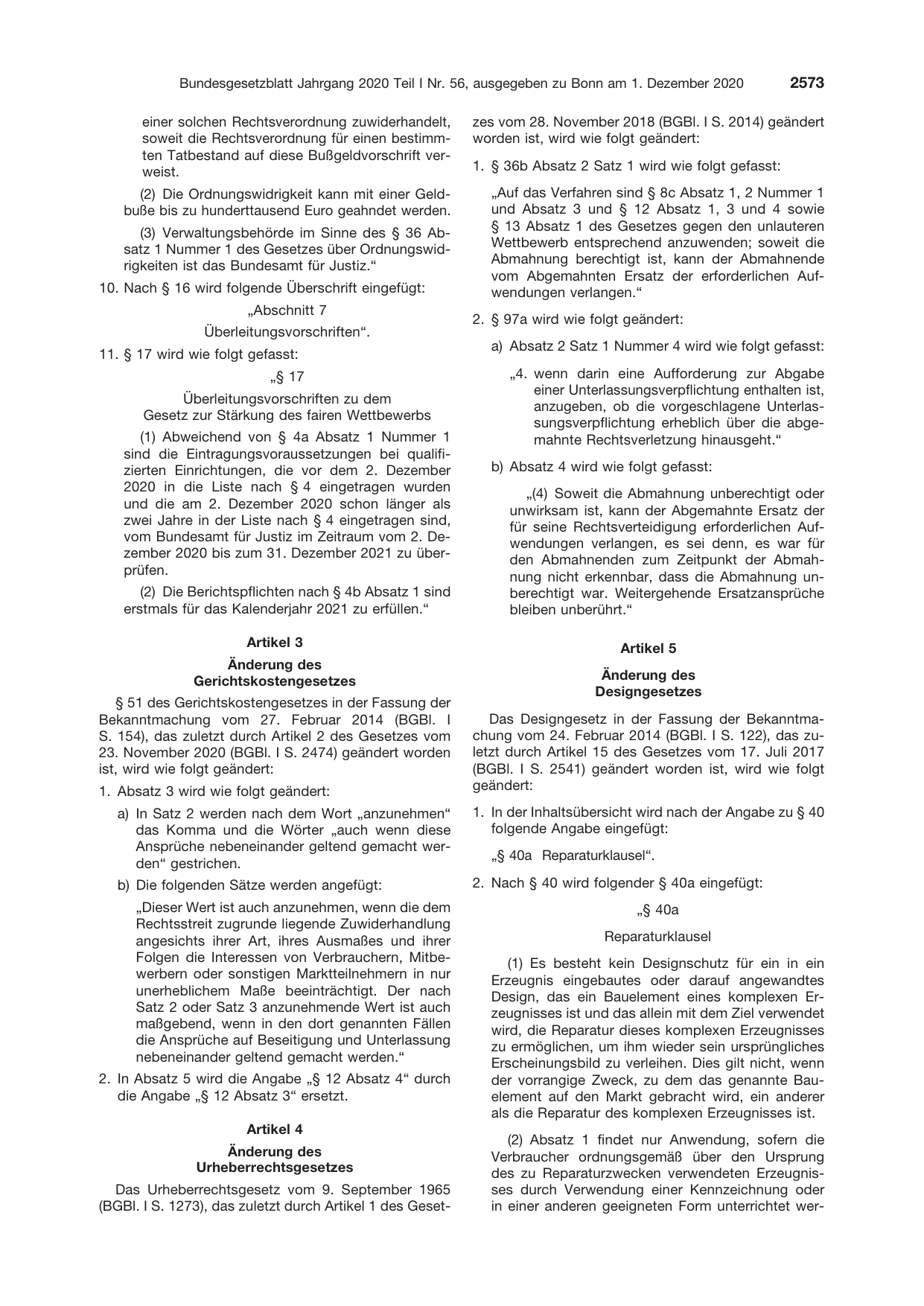 BGBl. 2020, Seite 2573 — Originalseite als Abbildung