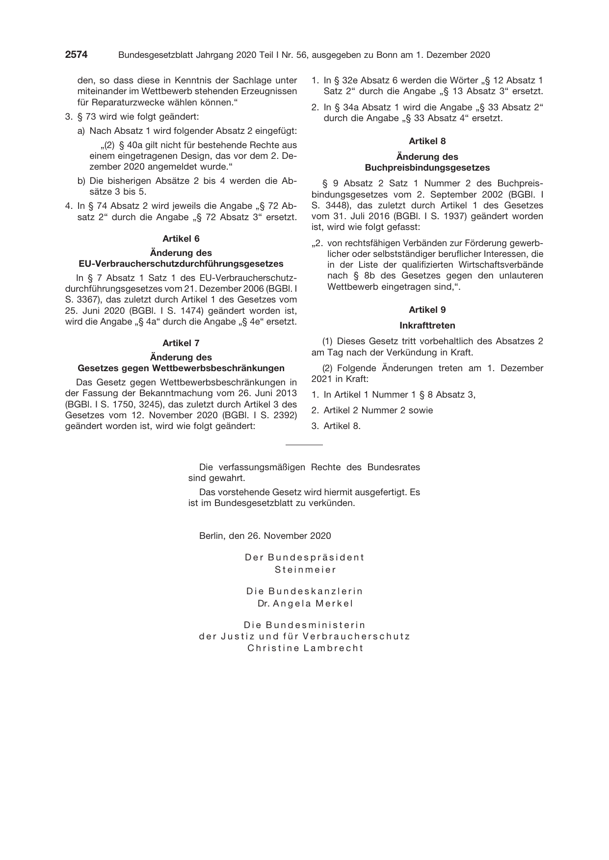 BGBl. 2020, Seite 2574 — Originalseite als Abbildung